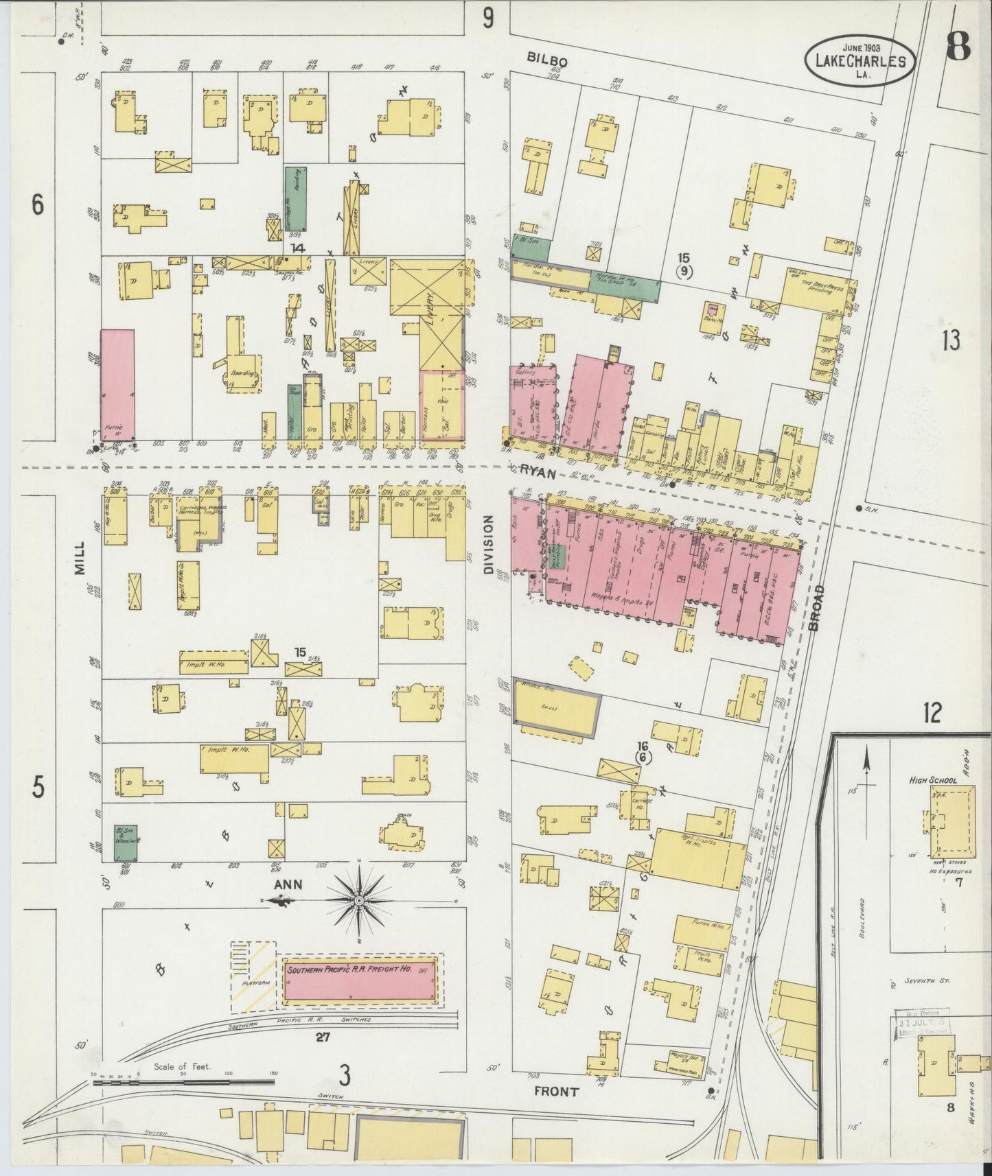 Sanborn Fire Insurance Map from Lake Charles, Calcasieu Parish, Louisiana (1903), Sheet #0008 - Historic Sanborn Fire Insurance Map Print, vintage old map wall art, antique decor, genealogy gift, Louisiana Louisiana map