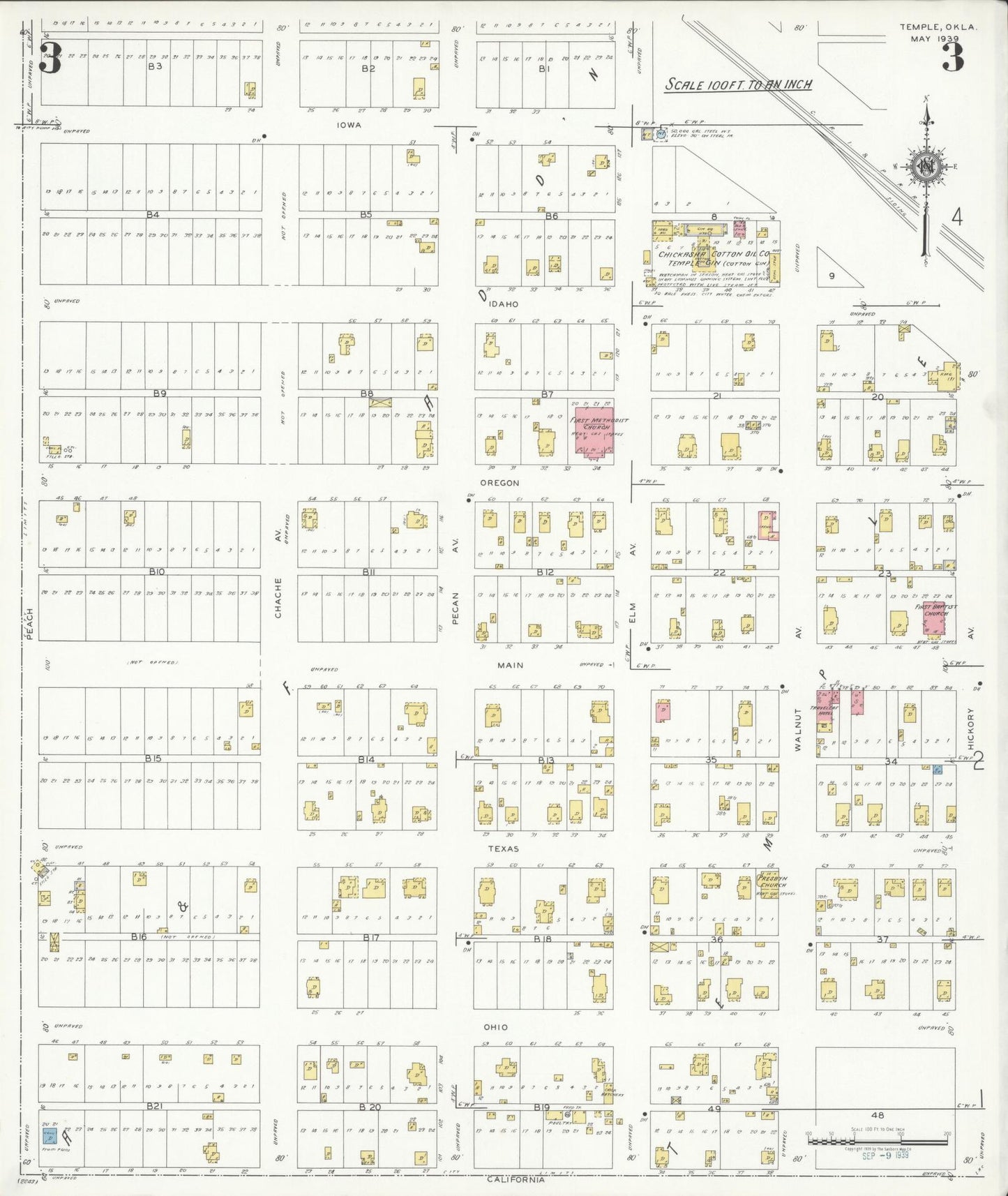 Sanborn Fire Insurance Map from Temple, Cotton County, Oklahoma (1939), Sheet #0003 - Historic Sanborn Fire Insurance Map Print, vintage old map wall art, antique decor, genealogy gift, Oklahoma Oklahoma map