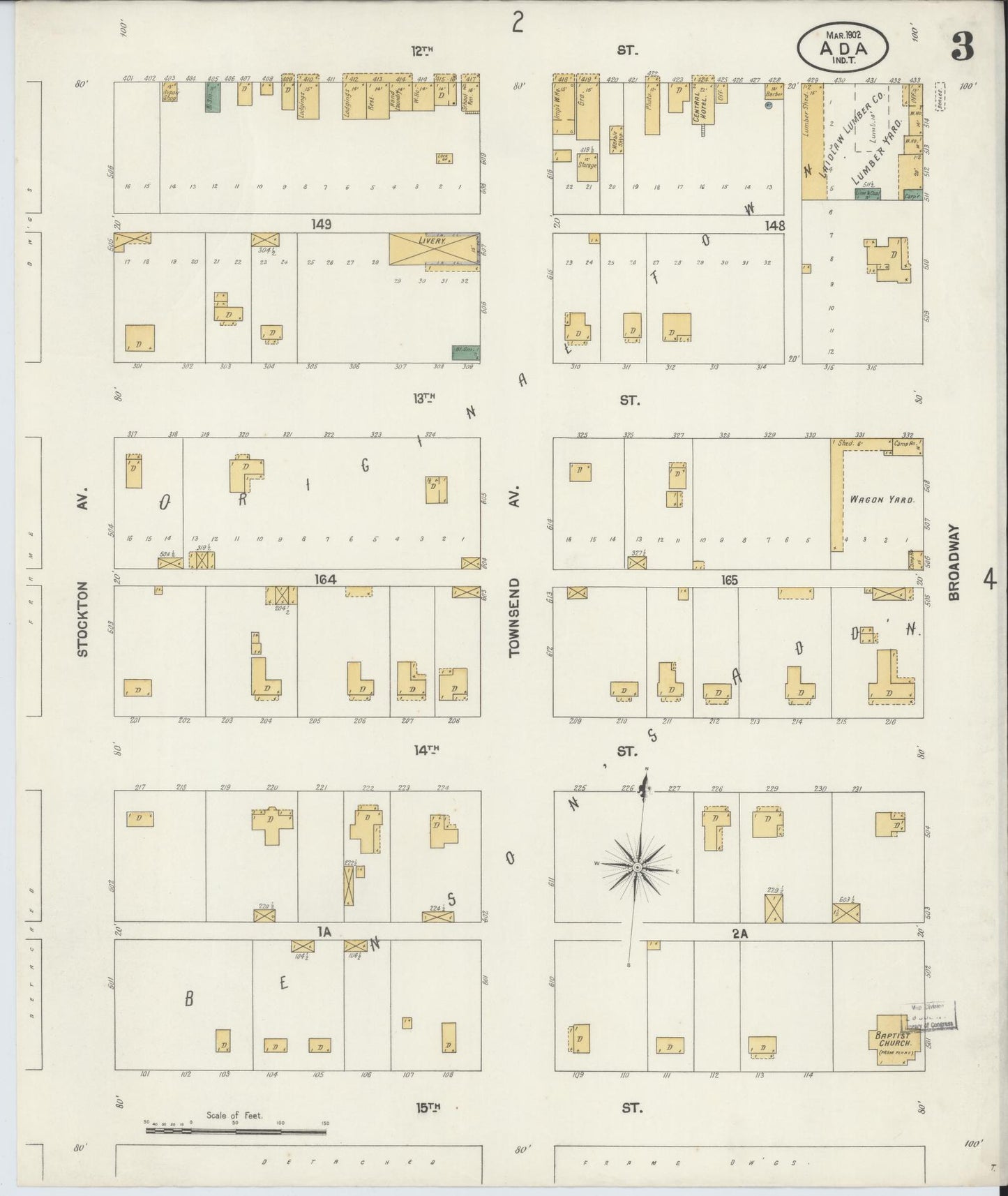 Sanborn Fire Insurance Map from Ada, Pontotoc County, Oklahoma (1902), Sheet #0003 - Historic Sanborn Fire Insurance Map Print, vintage old map wall art, antique decor, genealogy gift, Oklahoma Oklahoma map