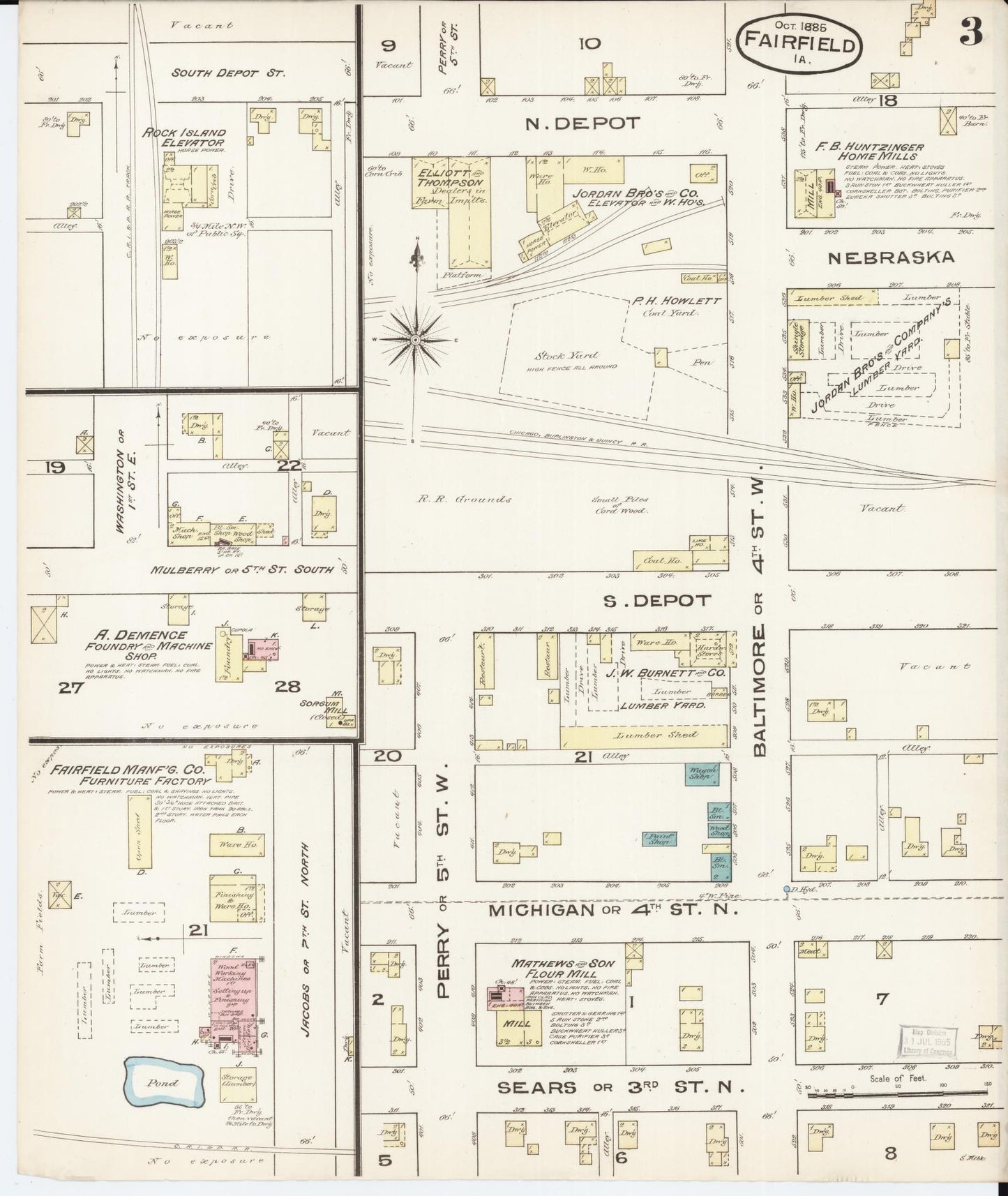 Sanborn Fire Insurance Map from Fairfield, Jefferson County, Iowa (1885), Sheet #0003 - Historic Sanborn Fire Insurance Map Print, vintage old map wall art