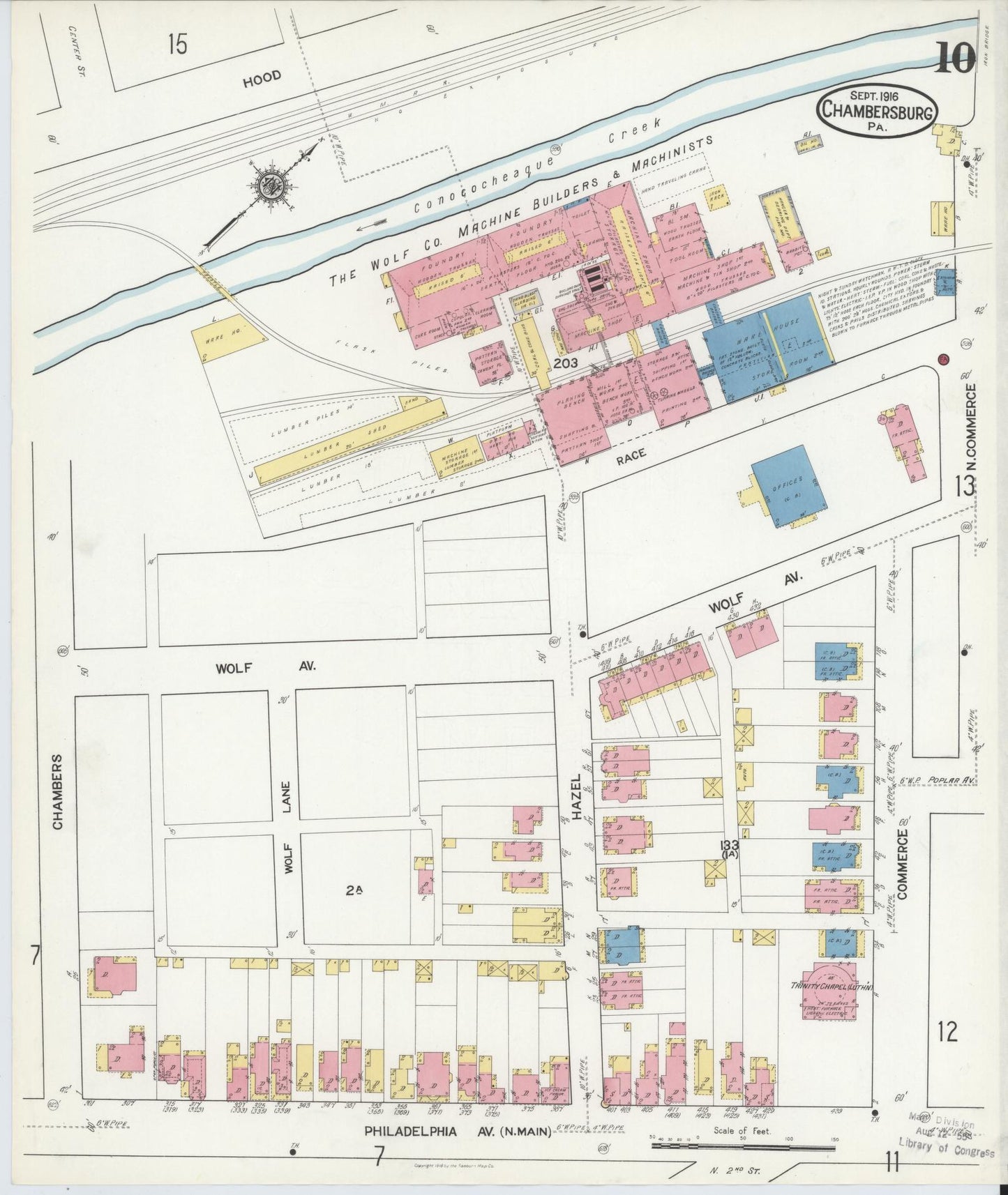 Sanborn Fire Insurance Map from Chambersburg, Franklin County, Pennsylvania (1916), Sheet #0010 - Historic Sanborn Fire Insurance Map Print, vintage old map wall art, antique decor, genealogy gift, Pennsylvania Pennsylvania map