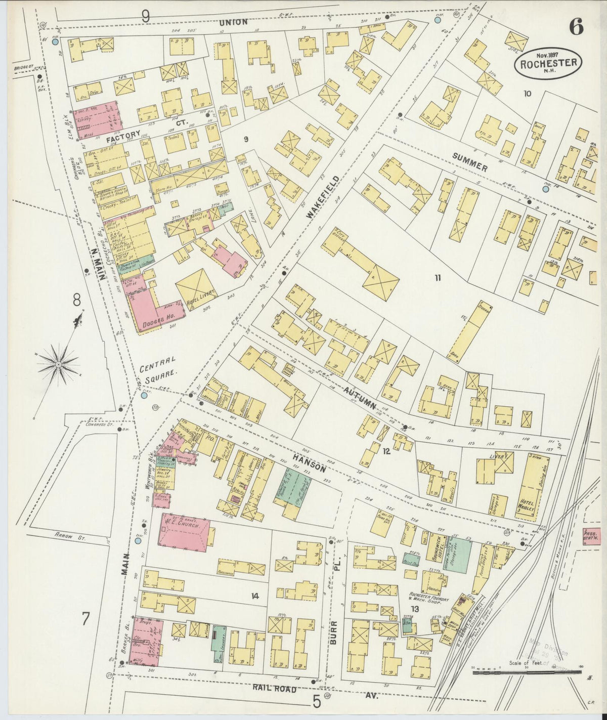 Sanborn Fire Insurance Map from Rochester, Strafford County, New Hampshire (1897), Sheet #0006 - Historic Sanborn Fire Insurance Map Print, vintage old map wall art, antique decor, genealogy gift, New Hampshire New Hampshire map