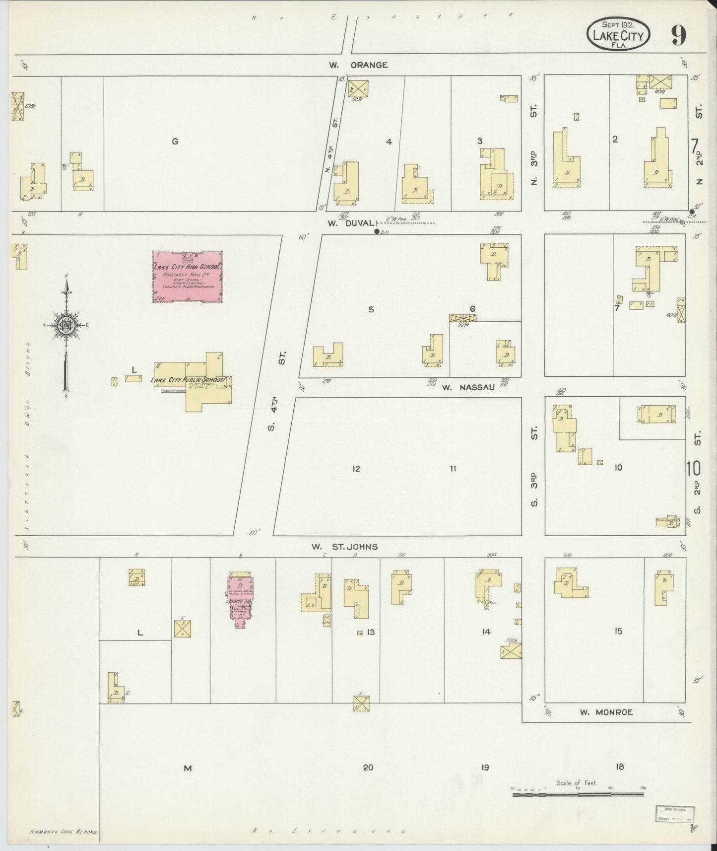 Sanborn Fire Insurance Map from Lake City, Columbia County, Florida (1912), Sheet #0009 - Historic Sanborn Fire Insurance Map Print, vintage old map wall art, antique decor, genealogy gift, Florida Florida map