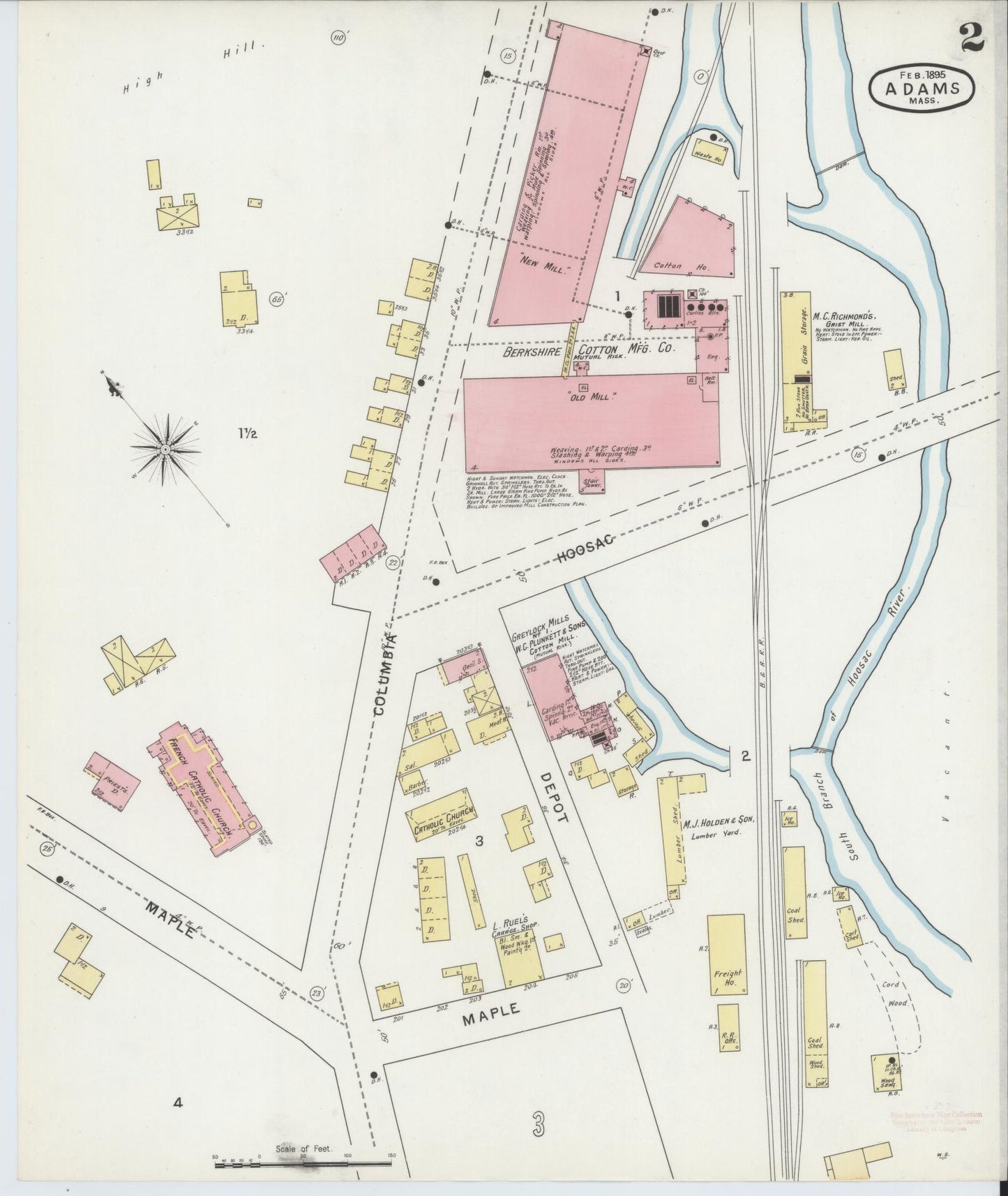 Sanborn Fire Insurance Map from Adams, Berkshire County, Massachusetts (1895), Sheet #0002 - Historic Sanborn Fire Insurance Map Print, vintage old map wall art, antique decor, genealogy gift, Massachusetts Massachusetts map