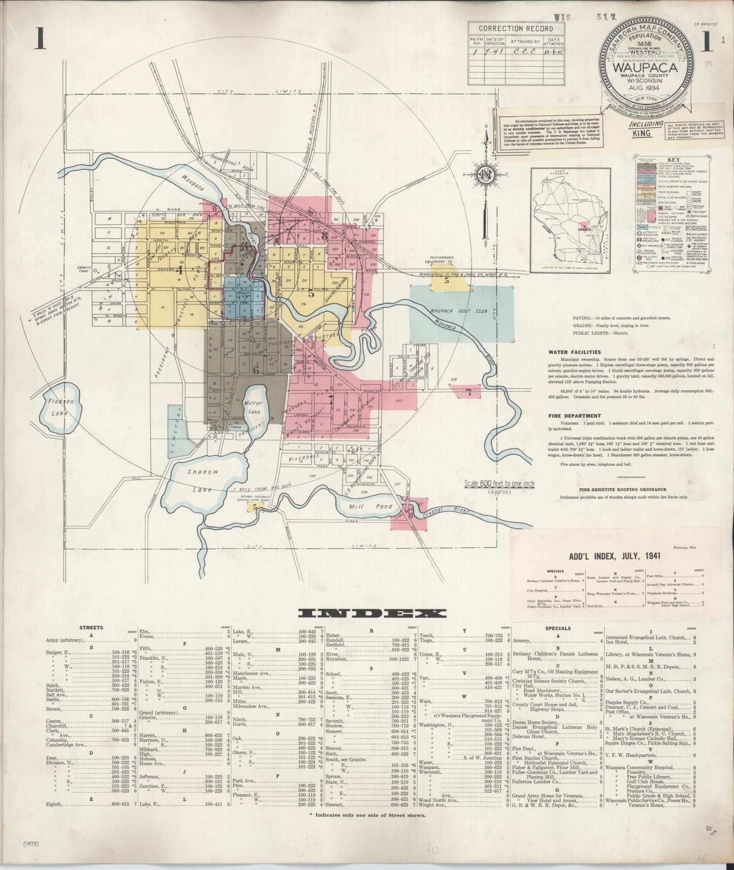 Sanborn Fire Insurance Map from Waupaca, Waupaca County, Wisconsin (1941), Sheet #0001 - Historic Sanborn Fire Insurance Map Print, vintage old map wall art, antique decor, genealogy gift, Wisconsin Wisconsin map