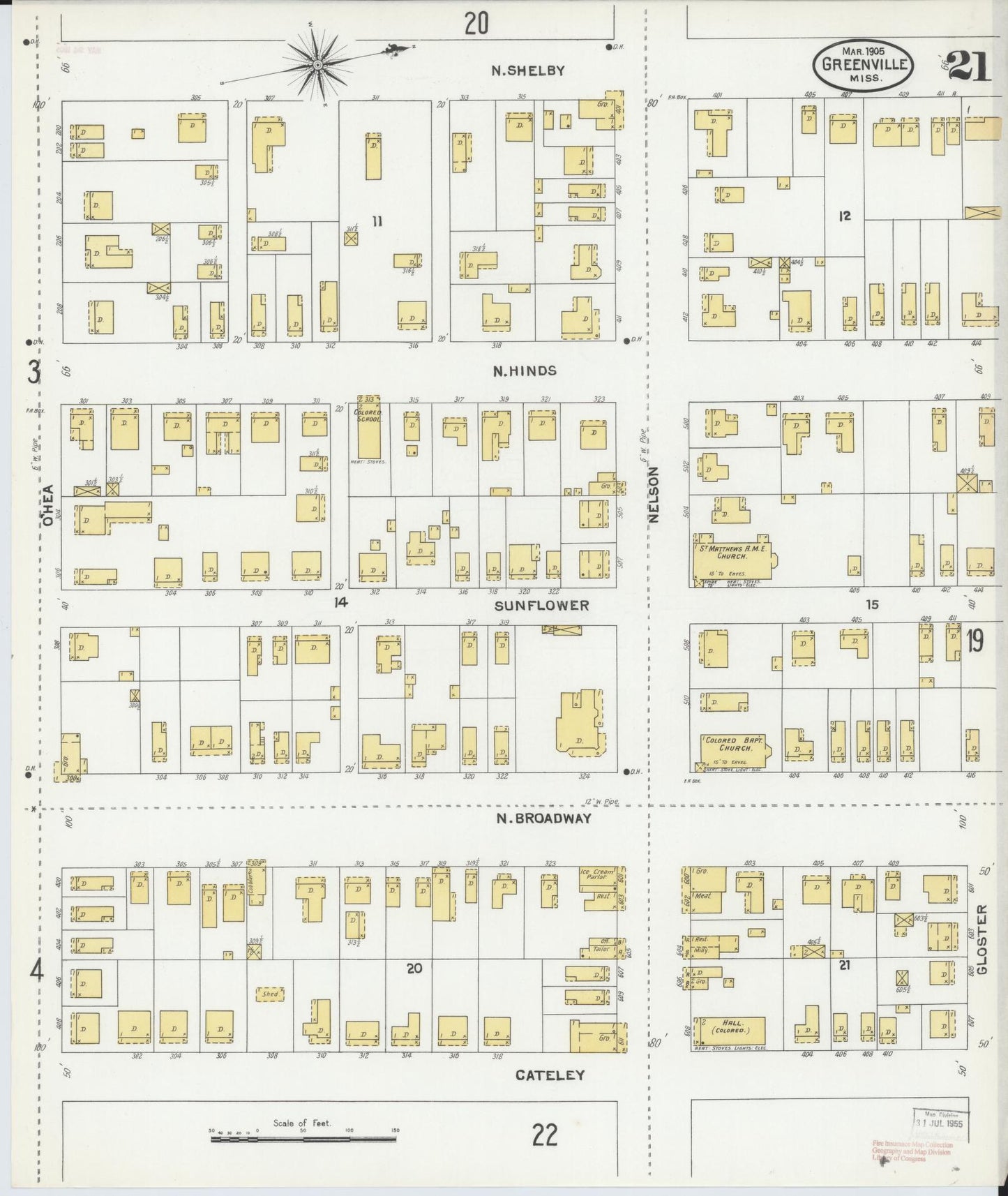 Sanborn Fire Insurance Map from Greenville, Washington County, Mississippi (1905), Sheet #0021 - Historic Sanborn Fire Insurance Map Print, vintage old map wall art, antique decor, genealogy gift, Mississippi Mississippi map