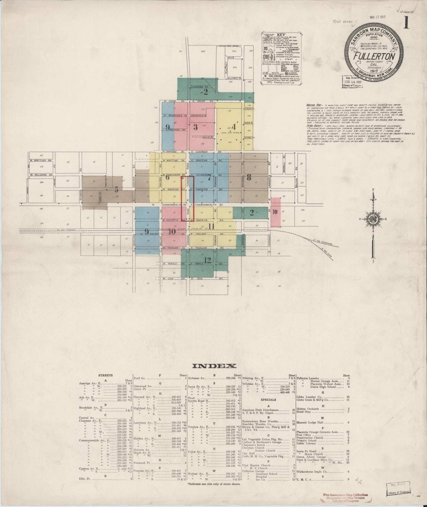 Sanborn Fire Insurance Map from Fullerton, Orange County, California (1917), Sheet #0001 - Historic Sanborn Fire Insurance Map Print, vintage old map wall art, antique decor, genealogy gift, California California map