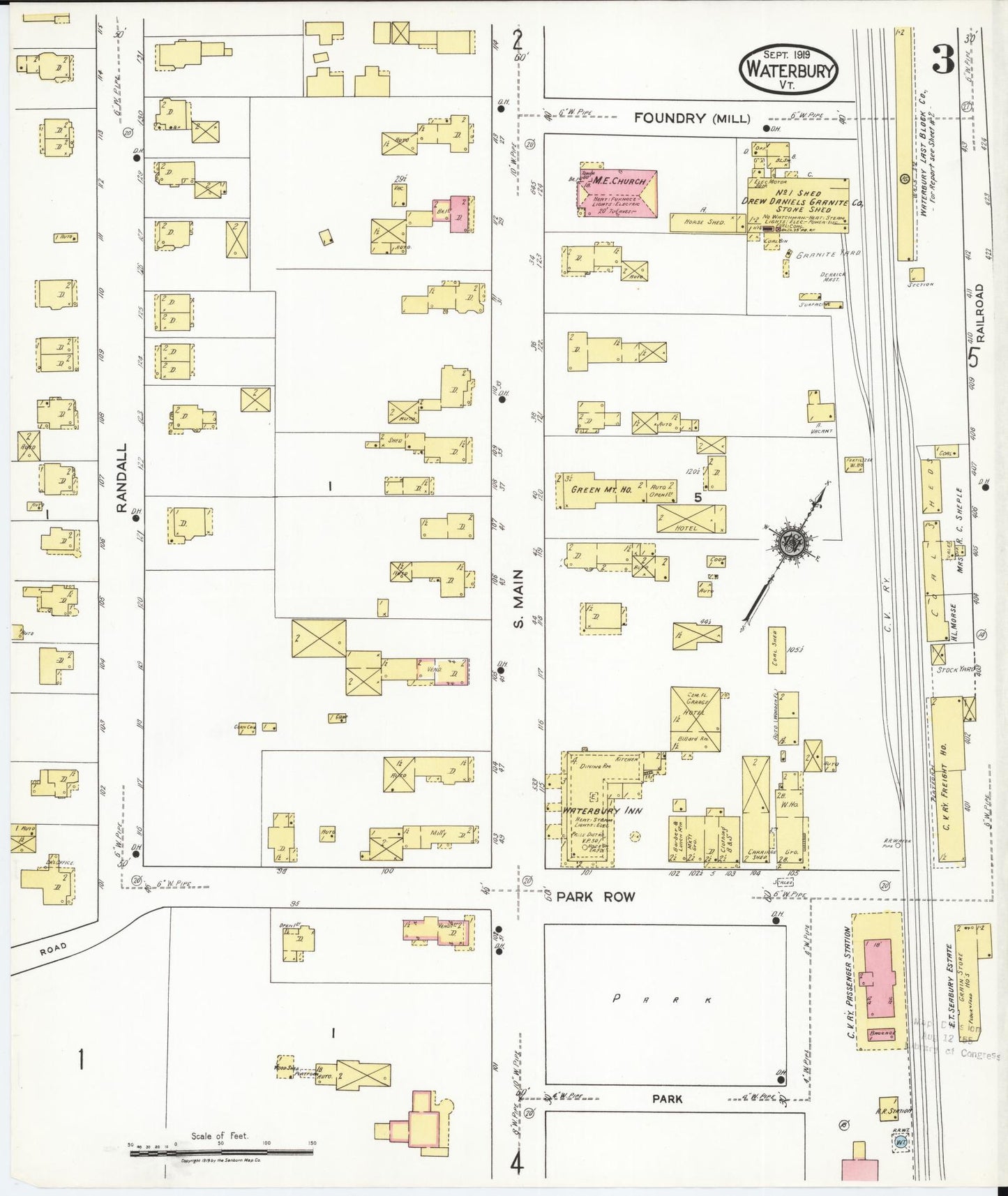 Sanborn Fire Insurance Map from Waterbury, Washington County, Vermont (1919), Sheet #0003 - Historic Sanborn Fire Insurance Map Print, vintage old map wall art, antique decor, genealogy gift, Vermont Vermont map