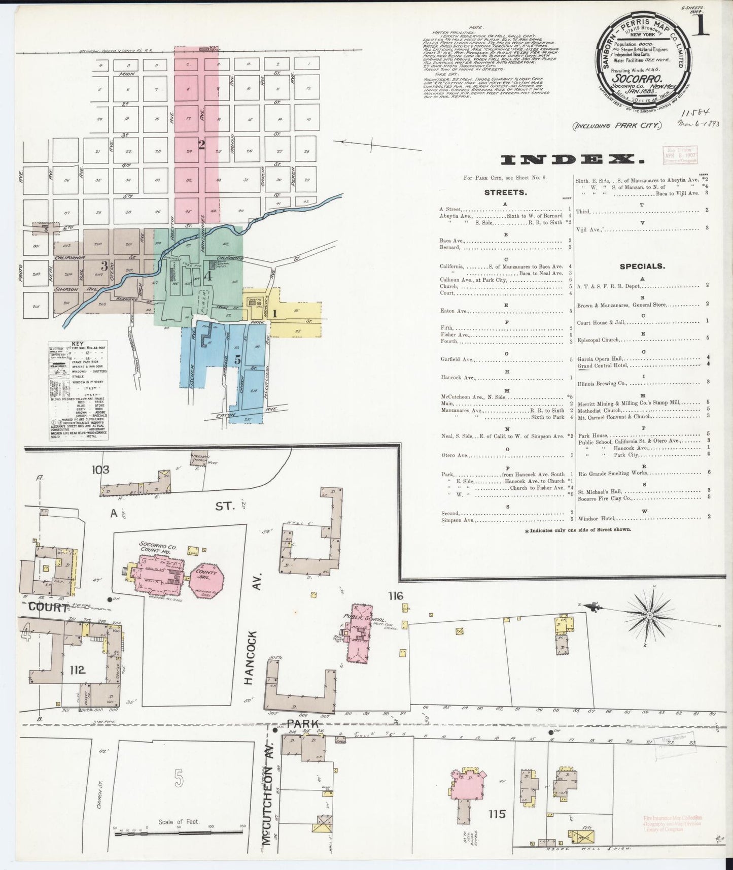 Sanborn Fire Insurance Map from Socorro, Socorro County, New Mexico (1893), Sheet #0001 - Historic Sanborn Fire Insurance Map Print, vintage old map wall art, antique decor, genealogy gift, New Mexico New Mexico map