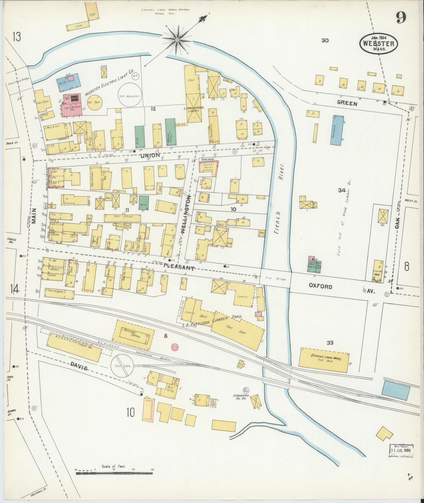 Sanborn Fire Insurance Map from Webster, Worcester County, Massachusetts (1904), Sheet #0009 - Historic Sanborn Fire Insurance Map Print, vintage old map wall art, antique decor, genealogy gift, Massachusetts Massachusetts map