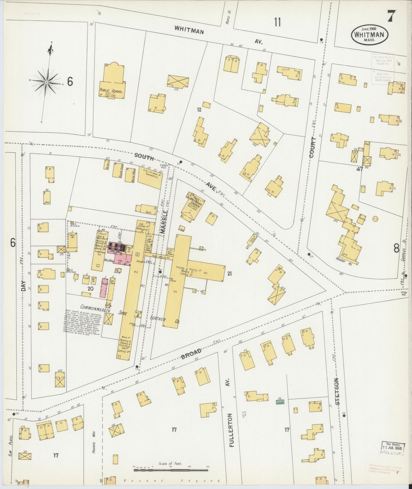 Sanborn Fire Insurance Map from Whitman, Plymouth County, Massachusetts (1900), Sheet #0007 - Historic Sanborn Fire Insurance Map Print, vintage old map wall art, antique decor, genealogy gift, Massachusetts Massachusetts map