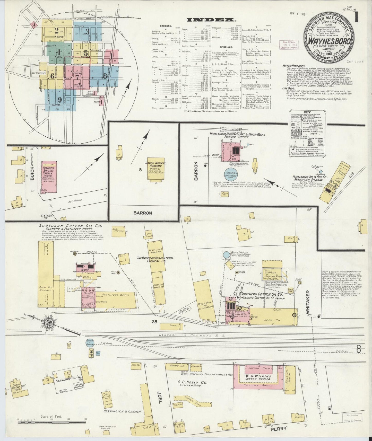 Sanborn Fire Insurance Map from Waynesboro, Burke County, Georgia (1912), Sheet #0001 - Historic Sanborn Fire Insurance Map Print, vintage old map wall art, antique decor, genealogy gift, Georgia Georgia map