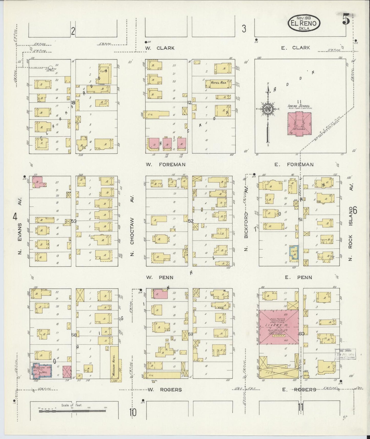 Sanborn Fire Insurance Map from El Reno, Canadian County, Oklahoma (1913), Sheet #0005 - Historic Sanborn Fire Insurance Map Print, vintage old map wall art, antique decor, genealogy gift, Oklahoma Oklahoma map