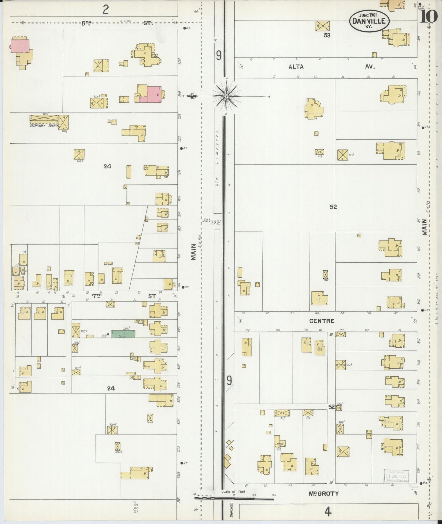 Sanborn Fire Insurance Map from Danville, Boyle County, Kentucky (1901), Sheet #0010 - Historic Sanborn Fire Insurance Map Print, vintage old map wall art, antique decor, genealogy gift, Kentucky Kentucky map