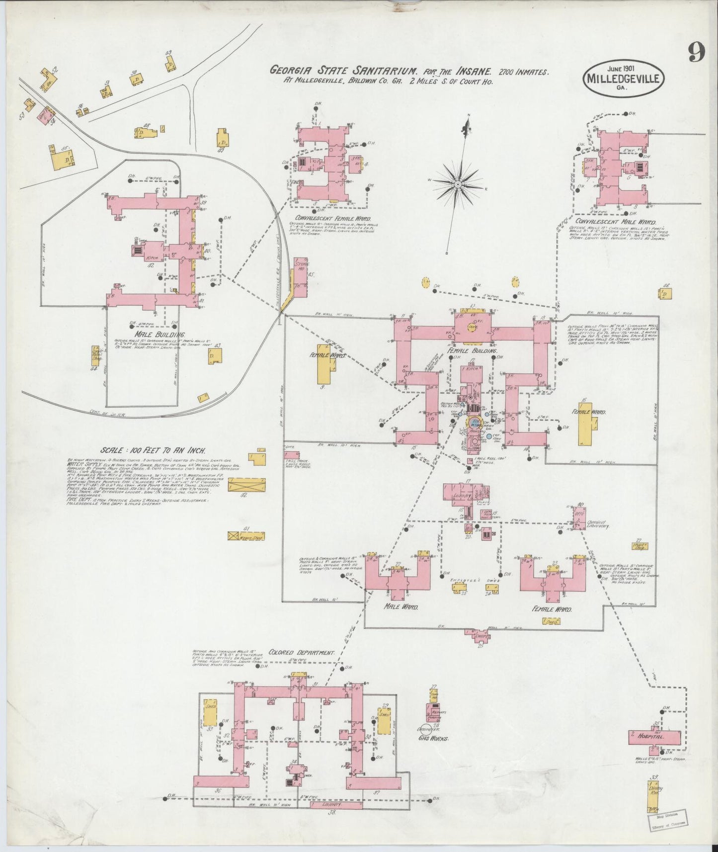 Sanborn Fire Insurance Map from Milledgeville, Baldwin County, Georgia (1901), Sheet #0009 - Historic Sanborn Fire Insurance Map Print, vintage old map wall art, antique decor, genealogy gift, Georgia Georgia map