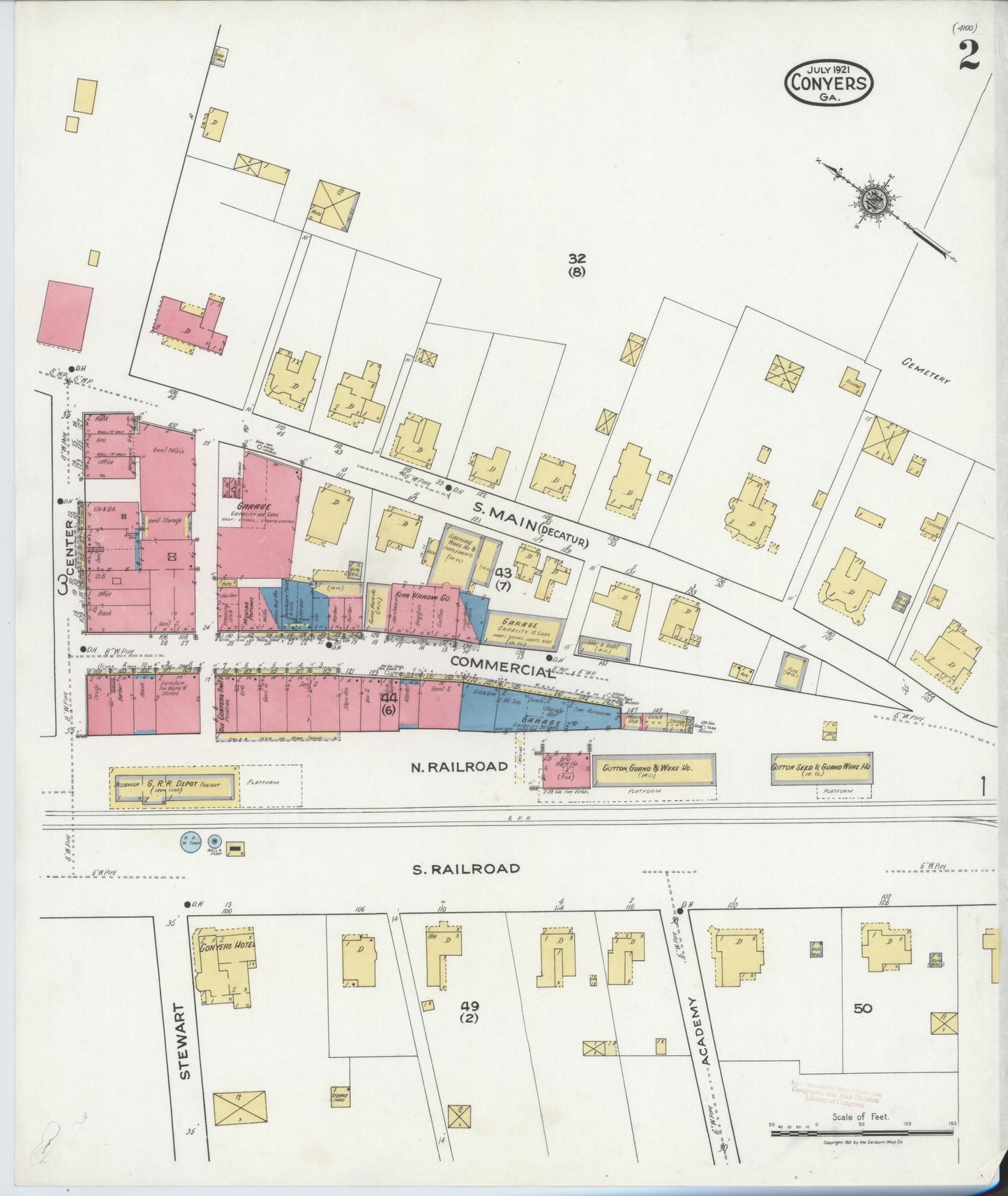 Sanborn Fire Insurance Map from Conyers, Rockdale County, Georgia (1921), Sheet #0002 - Historic Sanborn Fire Insurance Map Print, vintage old map wall art, antique decor, genealogy gift, Georgia Georgia map