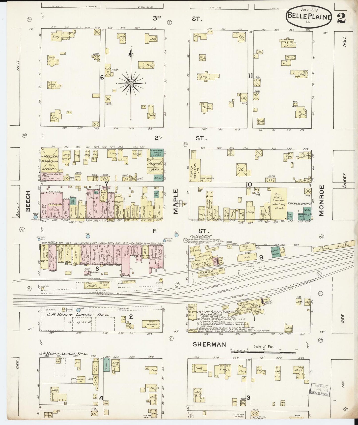 Sanborn Fire Insurance Map from Belle Plaine, Benton County, Iowa (1888), Sheet #0002 - Historic Sanborn Fire Insurance Map Print, vintage old map wall art