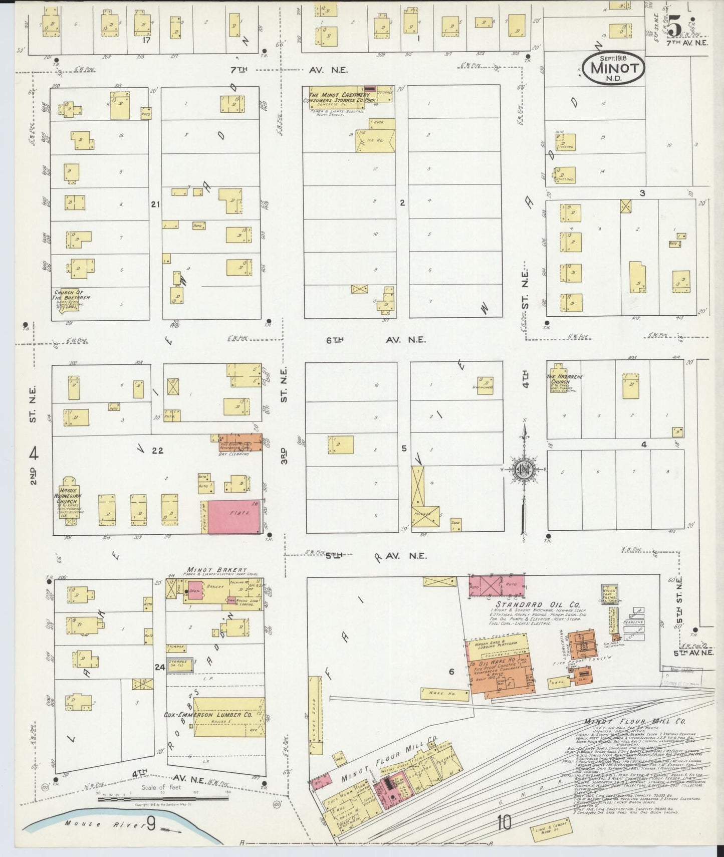 Sanborn Fire Insurance Map from Minot, Ward County, North Dakota (1918), Sheet #0005 - Historic Sanborn Fire Insurance Map Print, vintage old map wall art, antique decor, genealogy gift, North Dakota North Dakota map