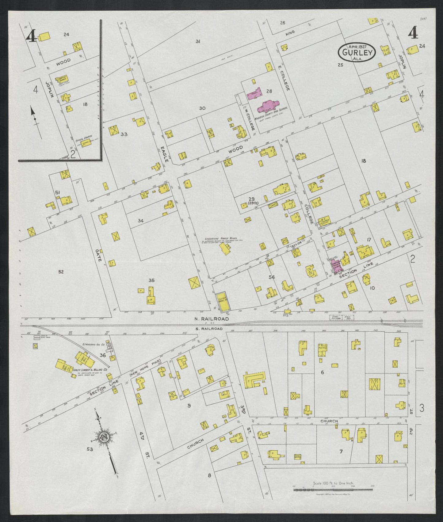 Sanborn Fire Insurance Map from Gurley, Madison County, Alabama (1927), Sheet #0004 - Complete Map Set gallery image, historic Sanborn map, vintage wall art, Alabama Alabama