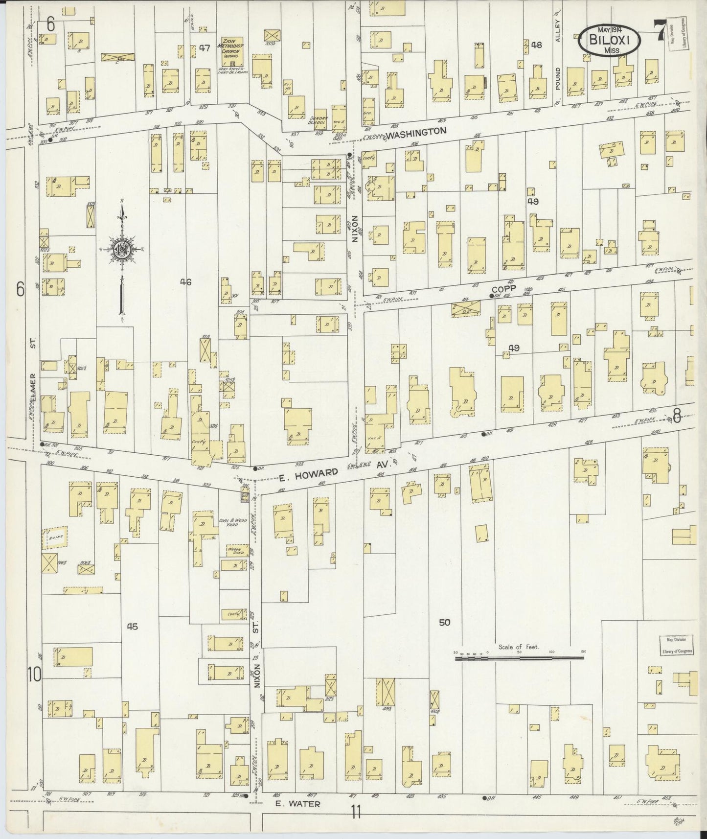 Sanborn Fire Insurance Map from Biloxi, Harrison County, Mississippi (1914), Sheet #0007 - Historic Sanborn Fire Insurance Map Print, vintage old map wall art, antique decor, genealogy gift, Mississippi Mississippi map