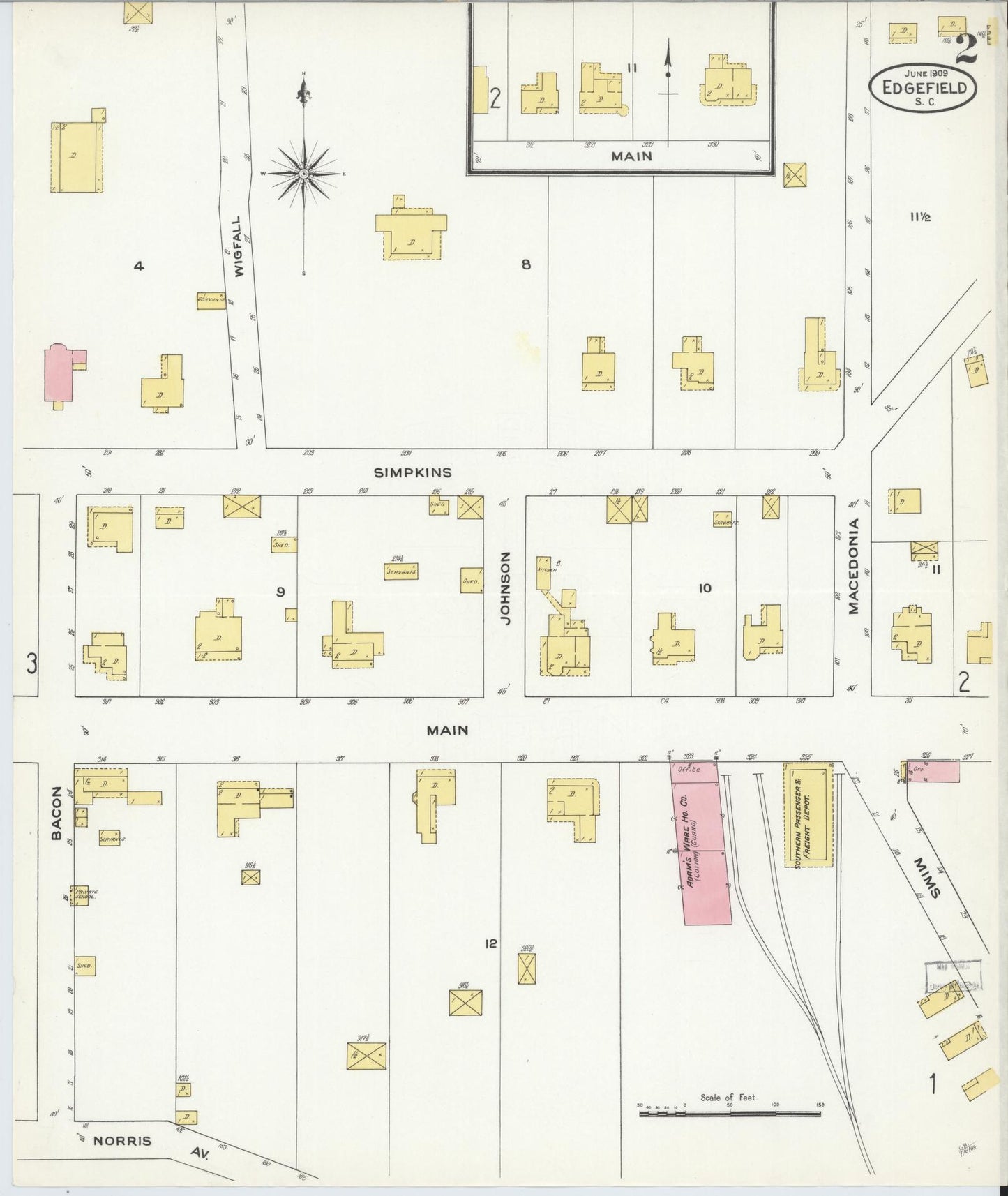 Sanborn Fire Insurance Map from Edgefield, Edgefield County, South Carolina (1909), Sheet #0002 - Historic Sanborn Fire Insurance Map Print, vintage old map wall art, antique decor, genealogy gift, South Carolina South Carolina map