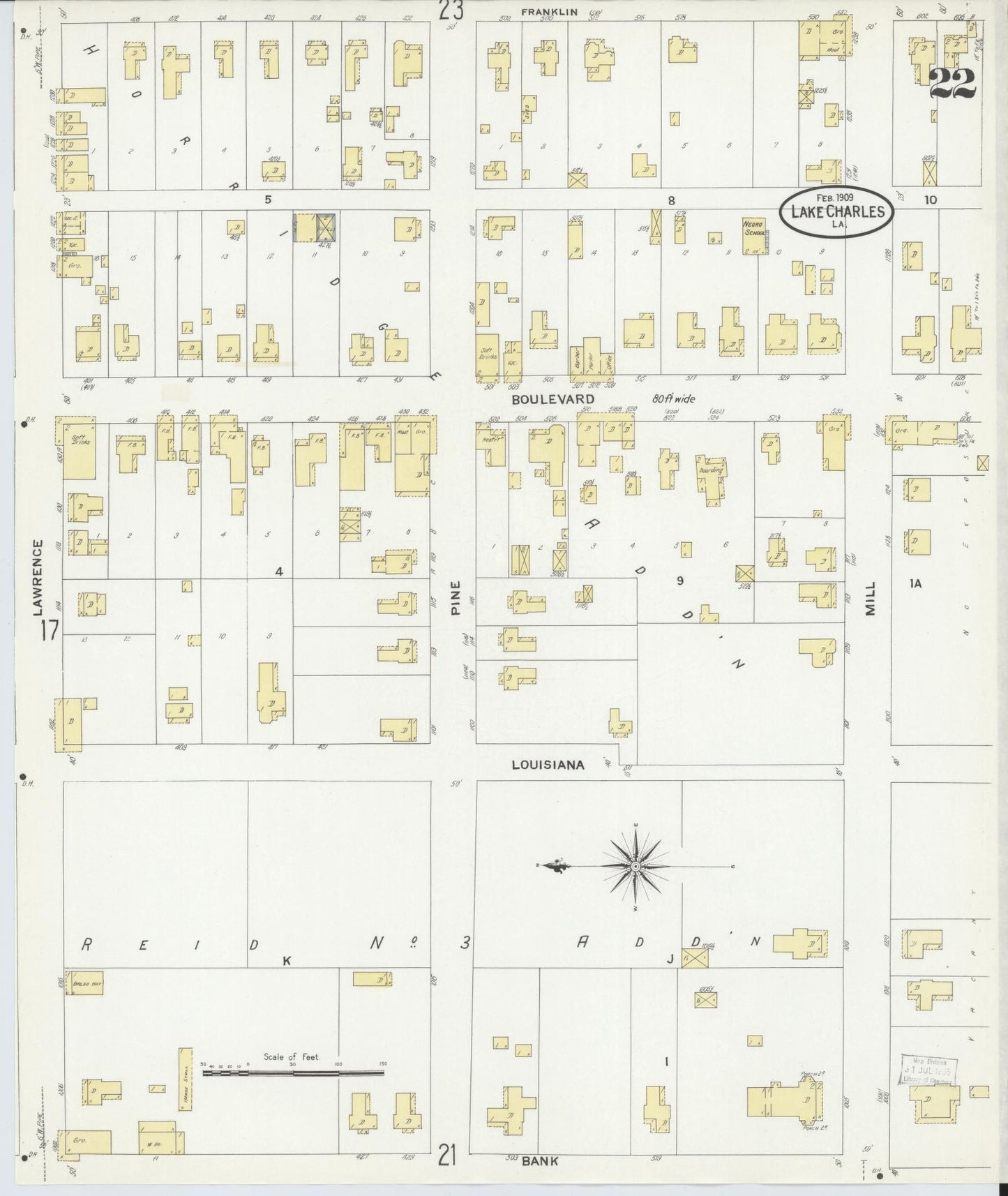 Sanborn Fire Insurance Map from Lake Charles, Calcasieu Parish, Louisiana (1909), Sheet #0022 - Historic Sanborn Fire Insurance Map Print, vintage old map wall art, antique decor, genealogy gift, Louisiana Louisiana map
