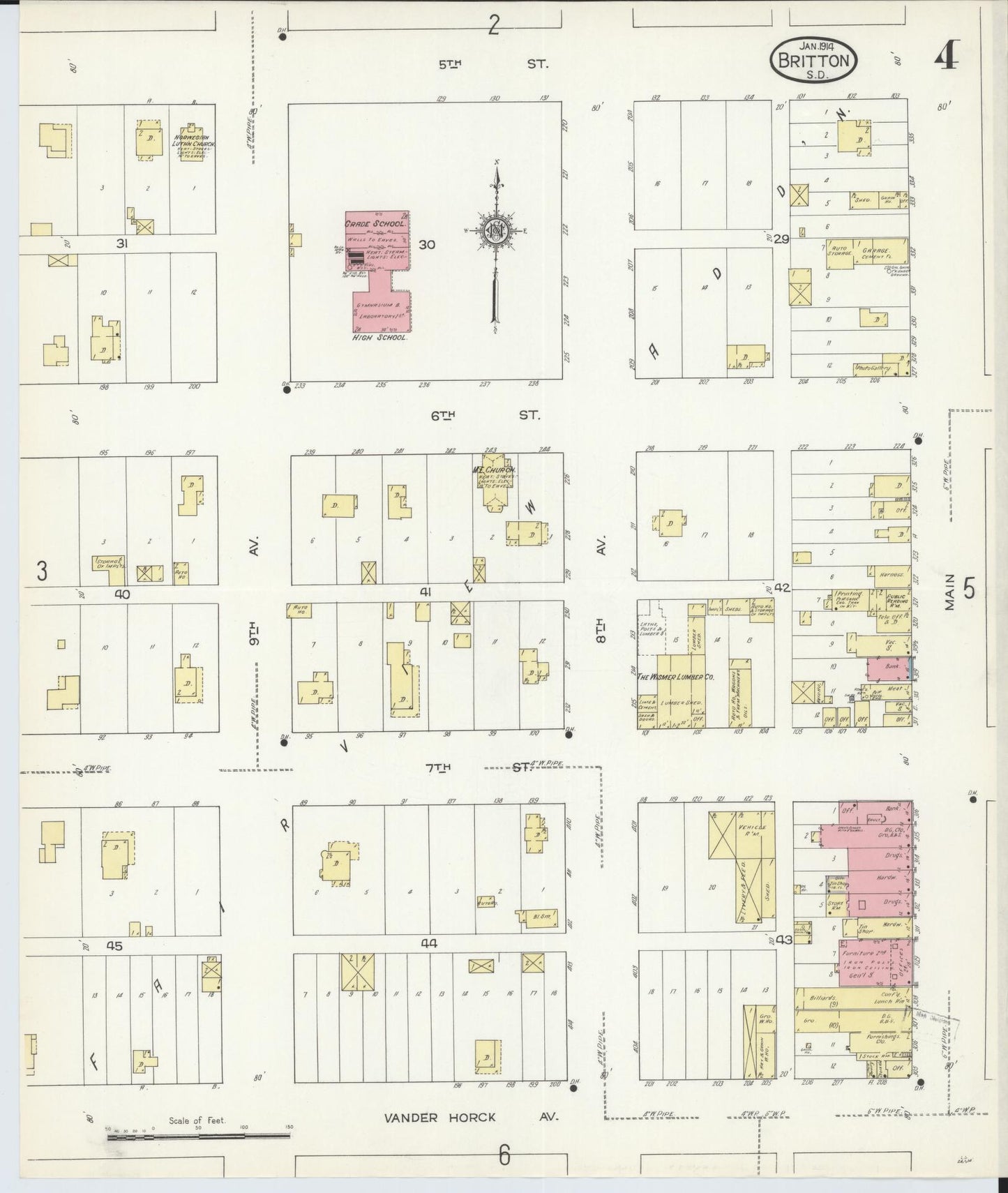 Sanborn Fire Insurance Map from Britton, Marshall County, South Dakota (1914), Sheet #0004 - Historic Sanborn Fire Insurance Map Print, vintage old map wall art, antique decor, genealogy gift, South Dakota South Dakota map