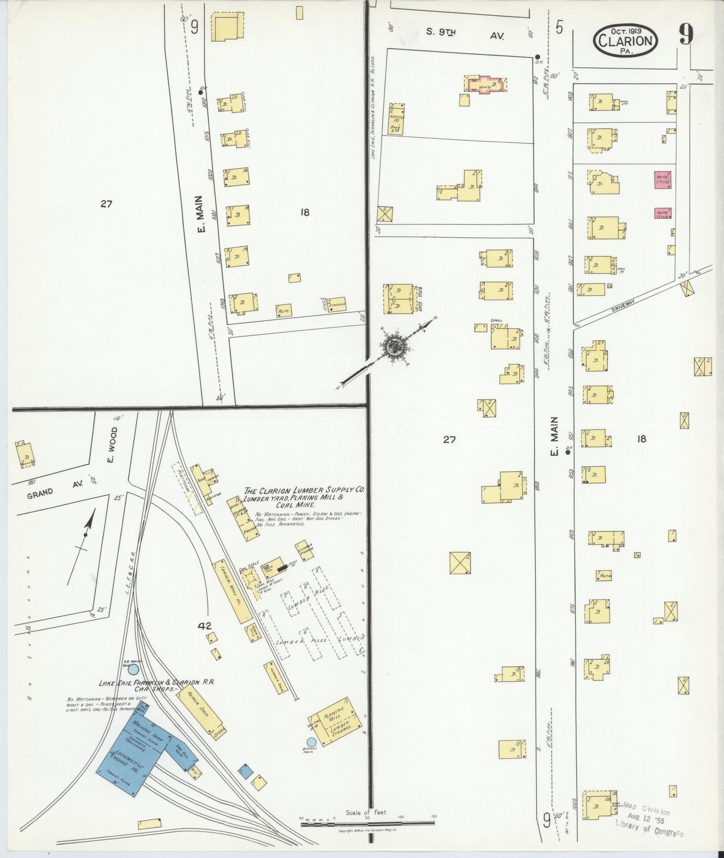 Sanborn Fire Insurance Map from Clarion, Clarion County, Pennsylvania (1919), Sheet #0009 - Historic Sanborn Fire Insurance Map Print, vintage old map wall art, antique decor, genealogy gift, Pennsylvania Pennsylvania map