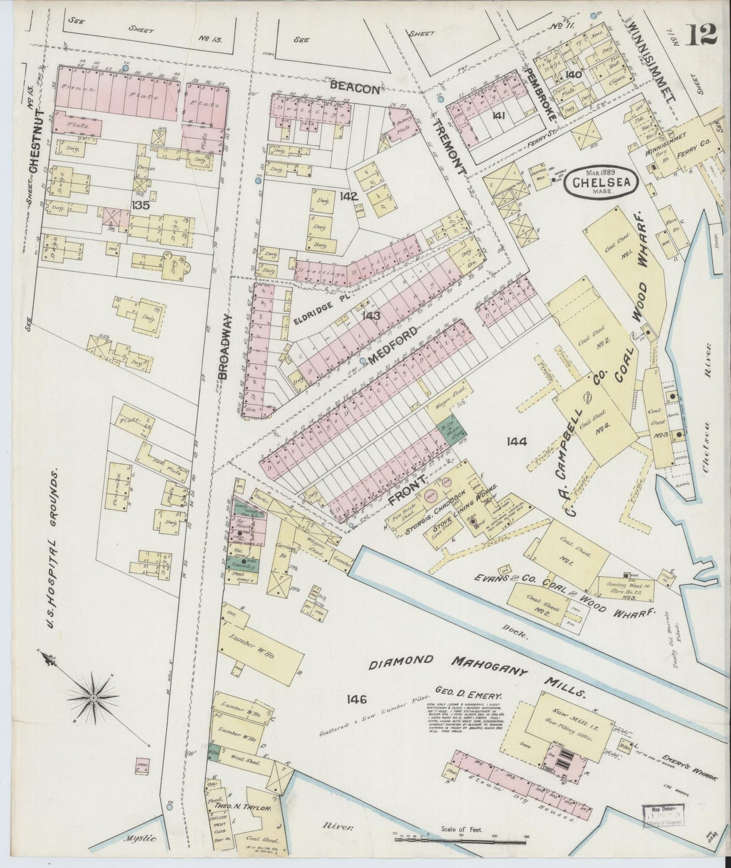 Sanborn Fire Insurance Map from Chelsea, Suffolk County, Massachusetts (1889), Sheet #0012 - Historic Sanborn Fire Insurance Map Print, vintage old map wall art, antique decor, genealogy gift, Massachusetts Massachusetts map