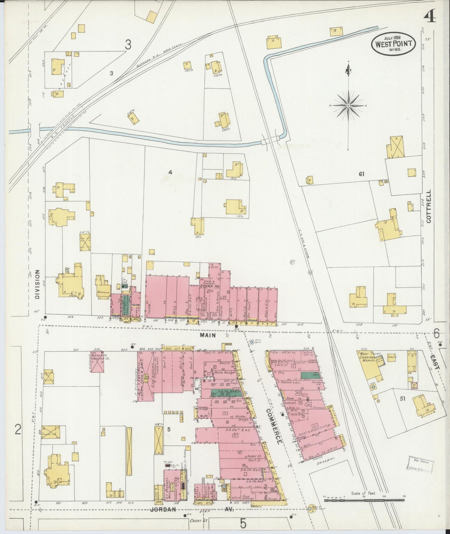 Sanborn Fire Insurance Map from West Point, Clay County, Mississippi (1898), Sheet #0004 - Historic Sanborn Fire Insurance Map Print, vintage old map wall art, antique decor, genealogy gift, Mississippi Mississippi map