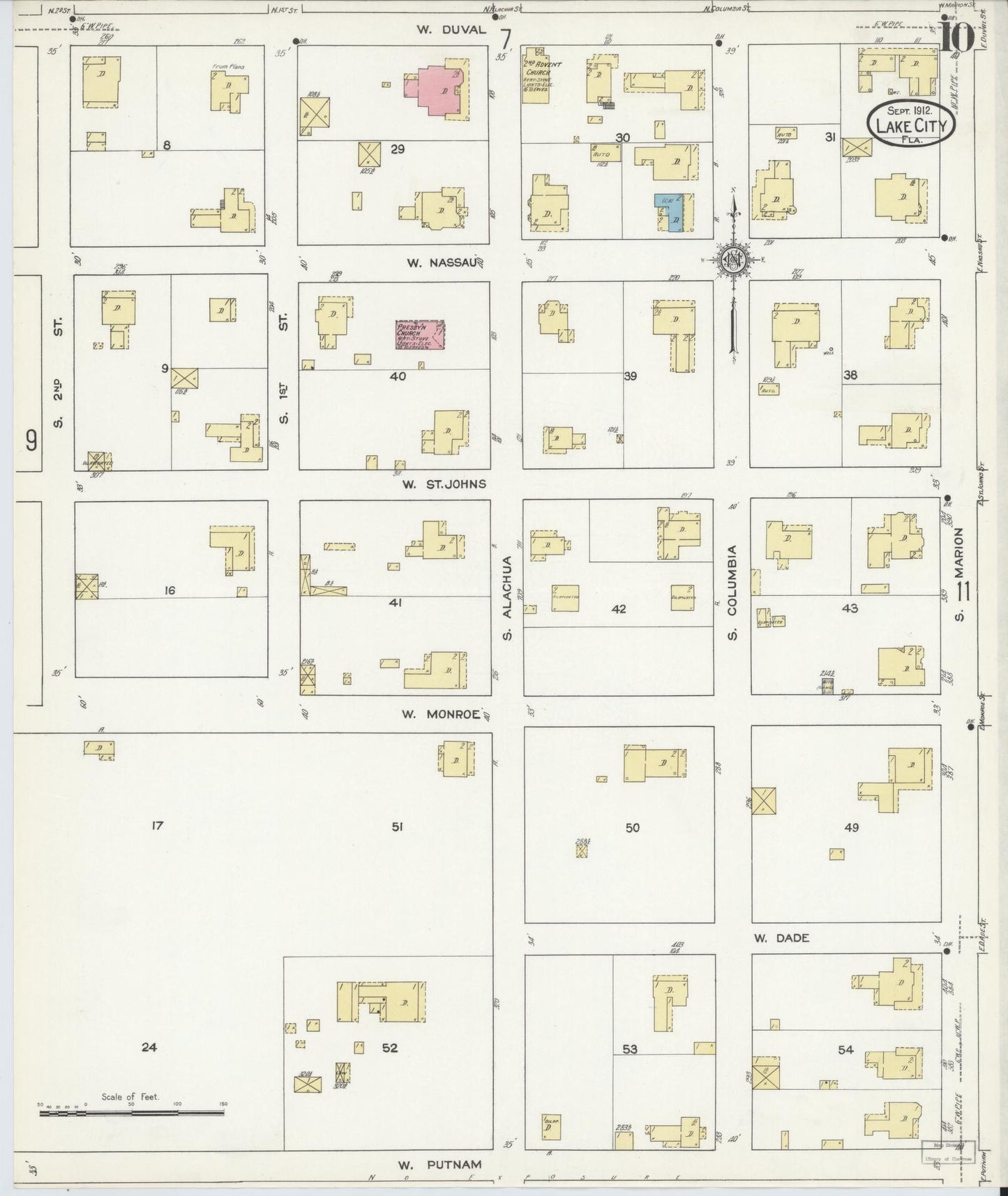 Sanborn Fire Insurance Map from Lake City, Columbia County, Florida (1912), Sheet #0010 - Historic Sanborn Fire Insurance Map Print, vintage old map wall art, antique decor, genealogy gift, Florida Florida map
