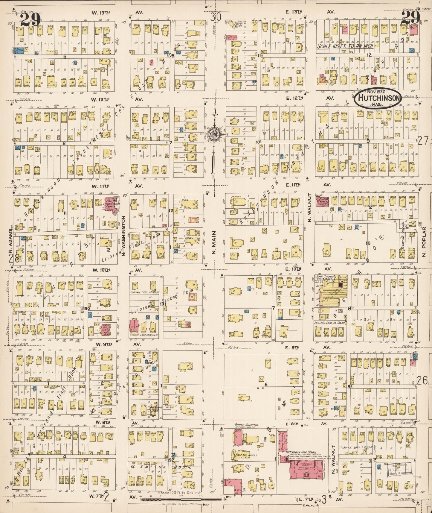 Sanborn Fire Insurance Map from Hutchinson, Reno County, Kansas (1922), Sheet #0030 - Historic Sanborn Fire Insurance Map Print, vintage old map wall art, antique decor, genealogy gift, Kansas Kansas map