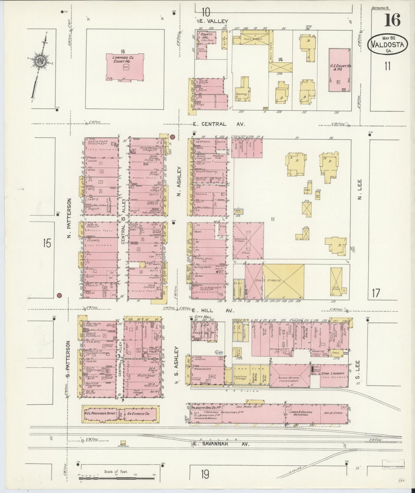 Sanborn Fire Insurance Map from Valdosta, Lowndes County, Georgia (1912), Sheet #0016 - Historic Sanborn Fire Insurance Map Print, vintage old map wall art, antique decor, genealogy gift, Georgia Georgia map