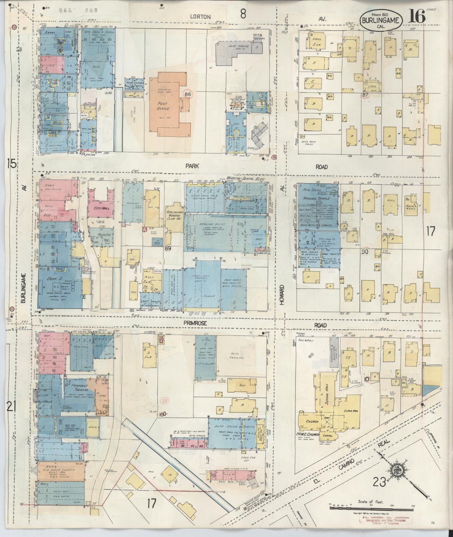 Sanborn Fire Insurance Map from Burlingame, San Mateo County, California (1949), Sheet #0016 - Historic Sanborn Fire Insurance Map Print, vintage old map wall art, antique decor, genealogy gift, California California map