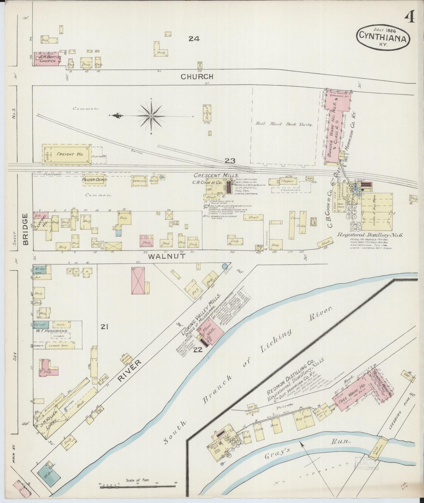 Sanborn Fire Insurance Map from Cynthiana, Harrison County, Kentucky (1886), Sheet #0004 - Historic Sanborn Fire Insurance Map Print, vintage old map wall art, antique decor, genealogy gift, Kentucky Kentucky map