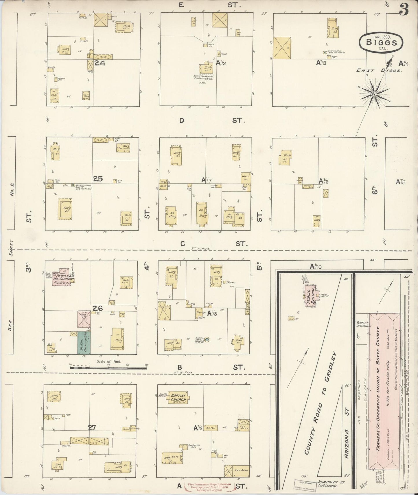Sanborn Fire Insurance Map from Biggs, Butte County, California (1890), Sheet #0003 - Historic Sanborn Fire Insurance Map Print, vintage old map wall art, antique decor, genealogy gift, California California map