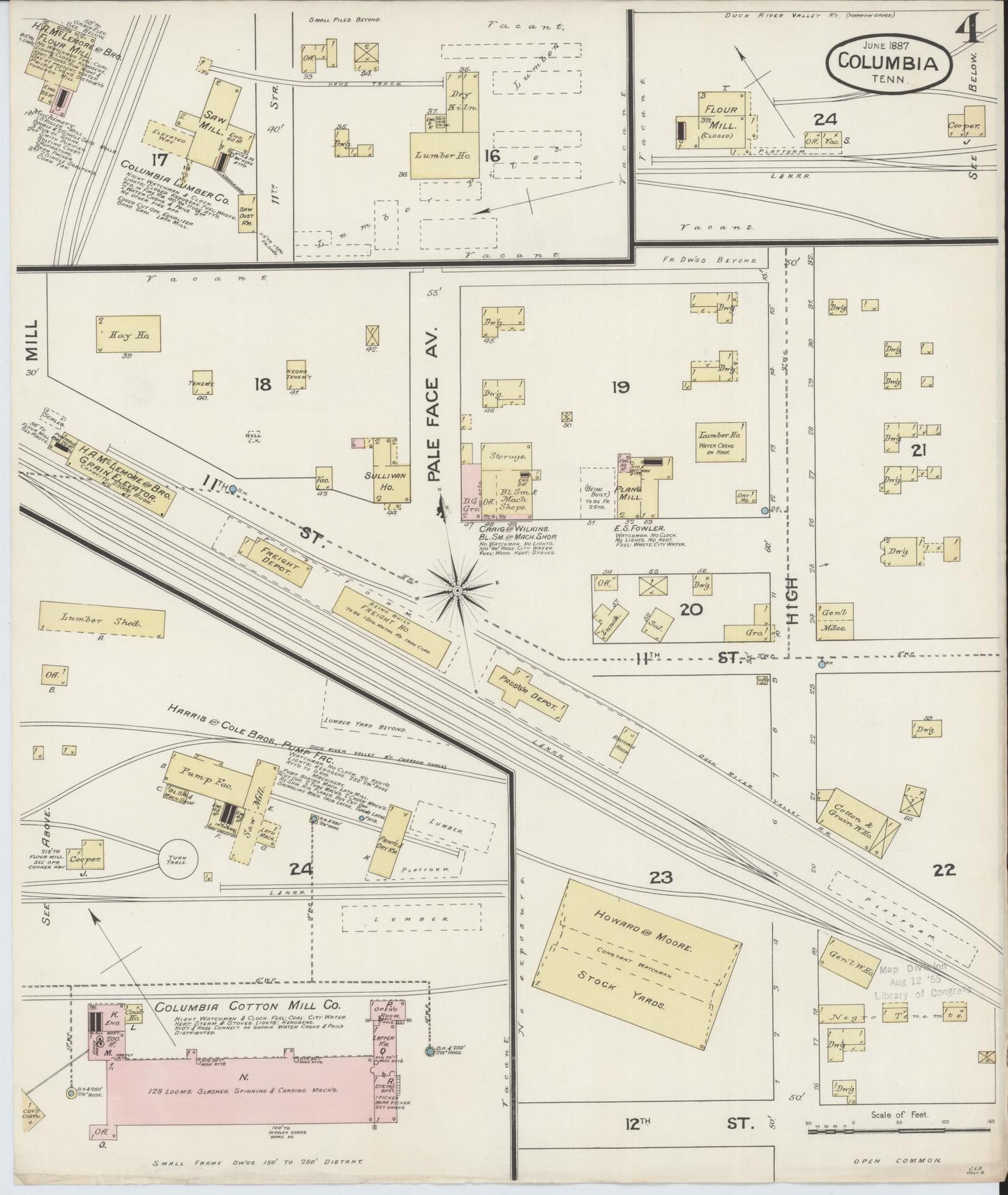 Sanborn Fire Insurance Map from Columbia, Maury County, Tennessee (1887), Sheet #0004 - Historic Sanborn Fire Insurance Map Print, vintage old map wall art, antique decor, genealogy gift, Tennessee Tennessee map