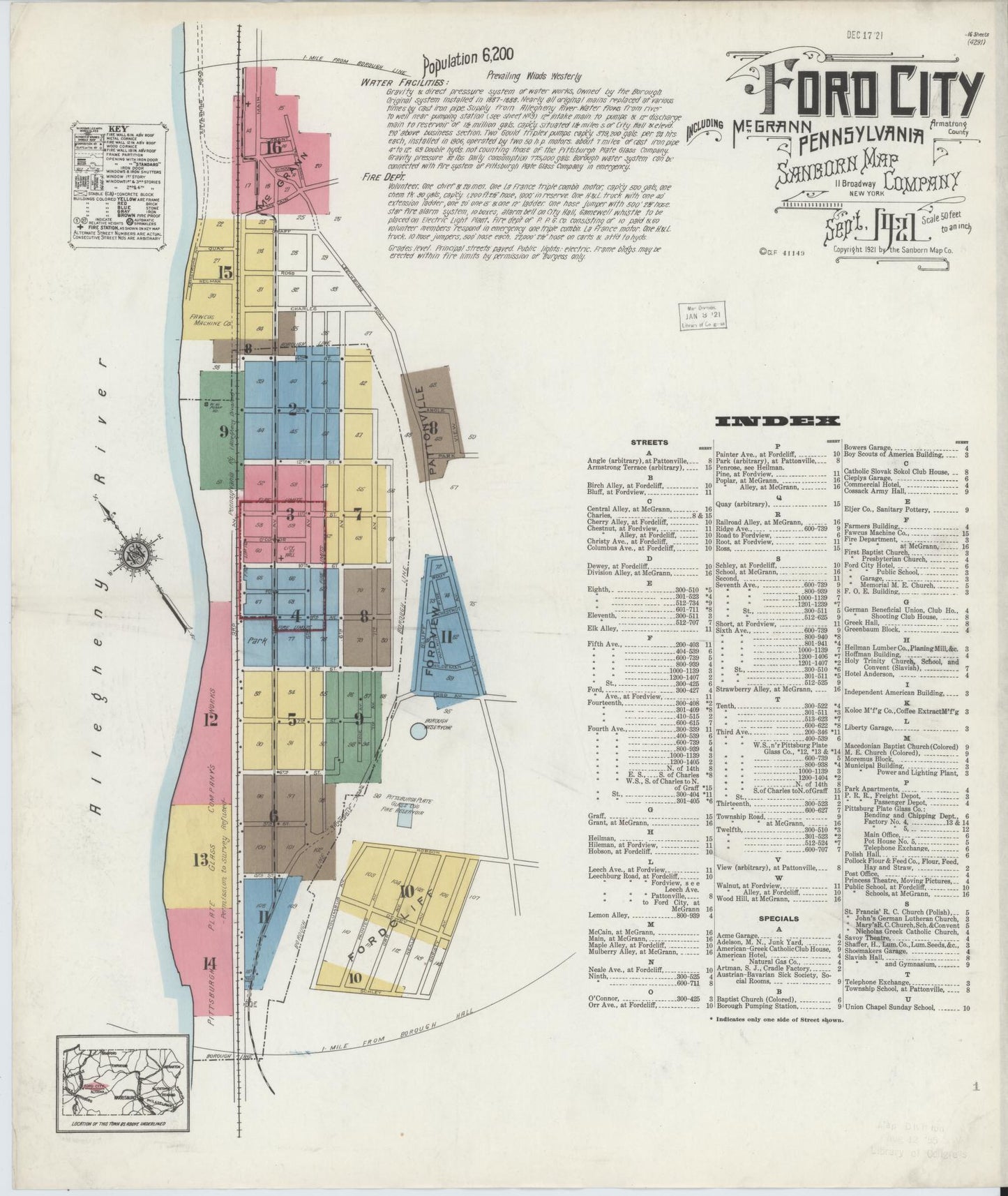 Sanborn Fire Insurance Map from Ford City, Armstrong County, Pennsylvania (1921), Sheet #0001 - Historic Sanborn Fire Insurance Map Print, vintage old map wall art, antique decor, genealogy gift, Pennsylvania Pennsylvania map