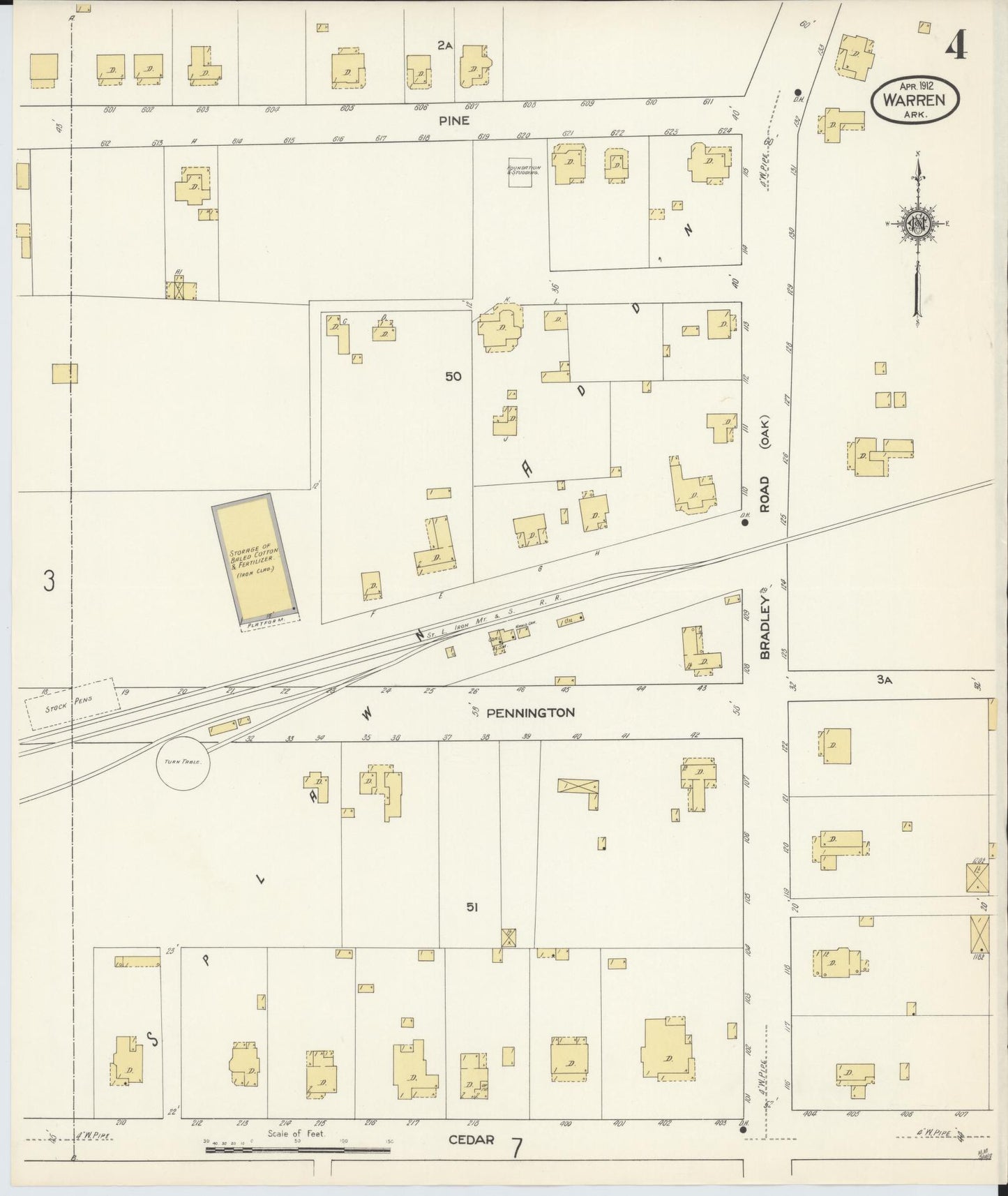 Sanborn Fire Insurance Map from Warren, Bradley County, Arkansas (1912), Sheet #0004 - Historic Sanborn Fire Insurance Map Print, vintage old map wall art, antique decor, genealogy gift, Arkansas Arkansas map