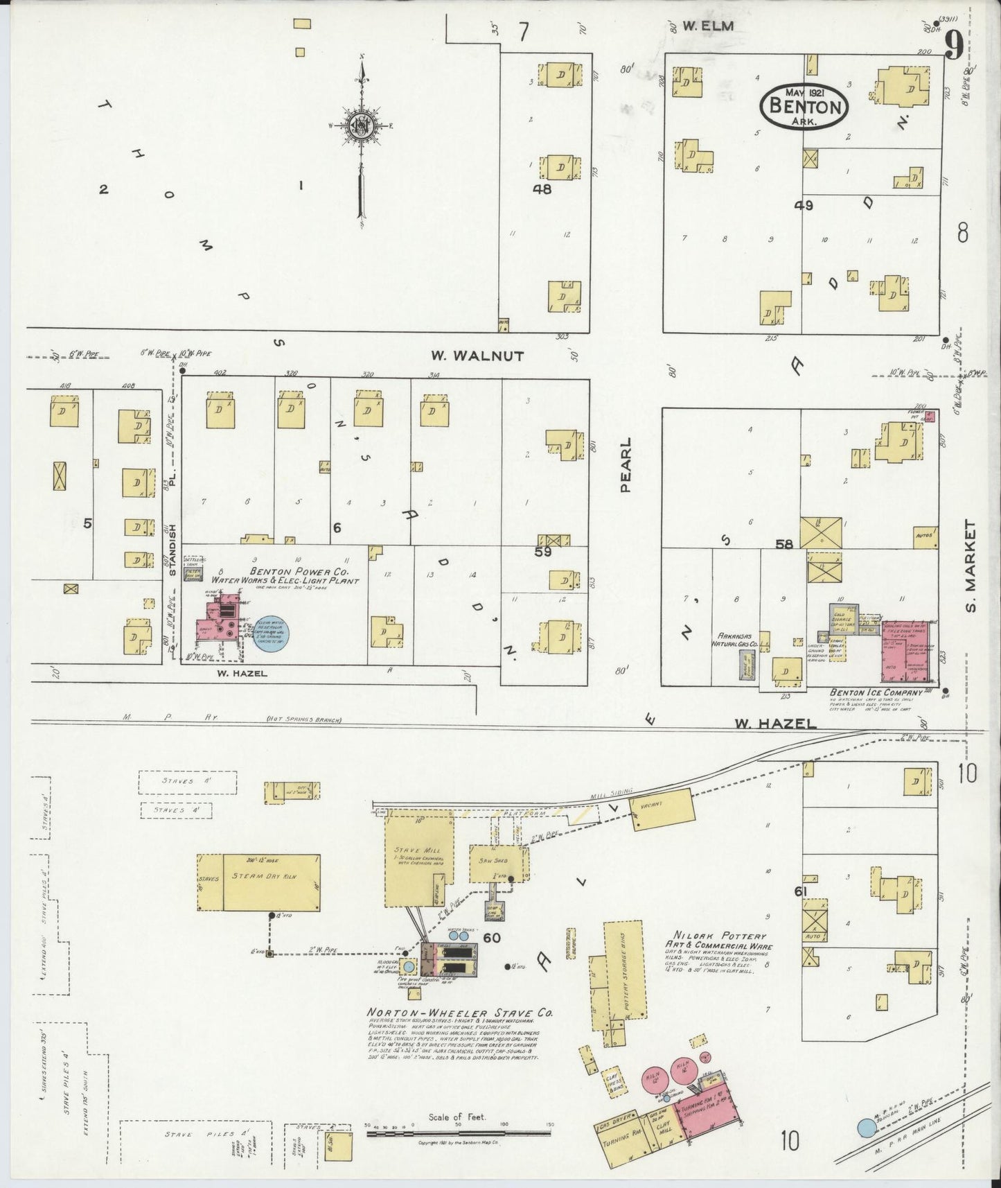 Sanborn Fire Insurance Map from Benton, Saline County, Arkansas (1921), Sheet #0009 - Historic Sanborn Fire Insurance Map Print, vintage old map wall art, antique decor, genealogy gift, Arkansas Arkansas map