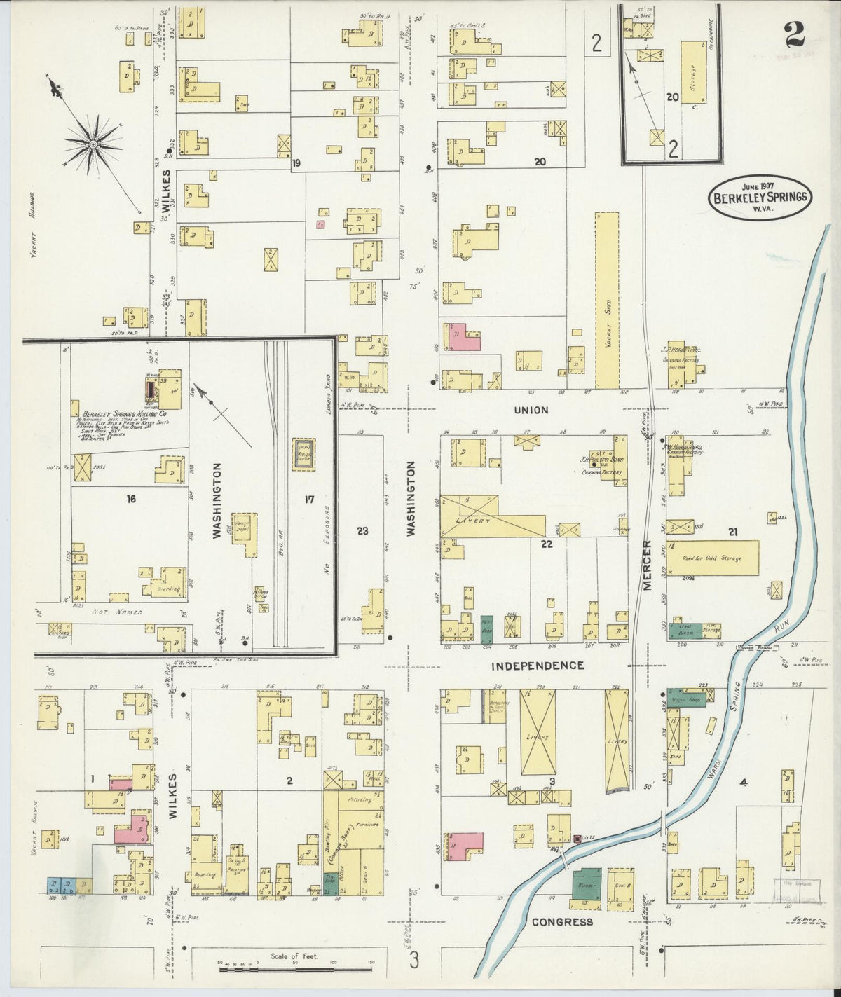 Sanborn Fire Insurance Map from Berkeley Springs, Morgan County, West Virginia (1907), Sheet #0002 - Historic Sanborn Fire Insurance Map Print, vintage old map wall art, antique decor, genealogy gift, West Virginia West Virginia map
