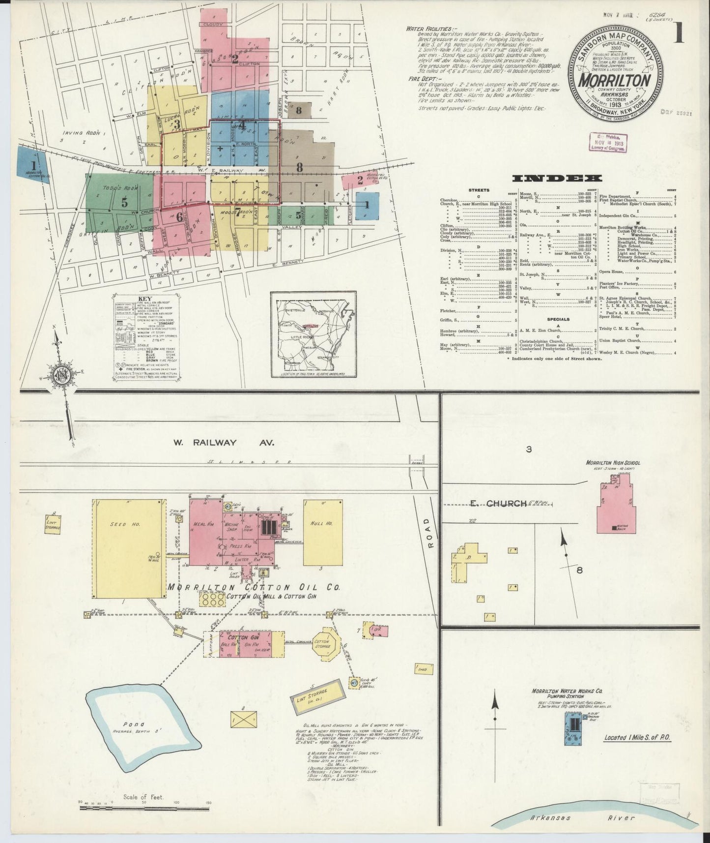 Sanborn Fire Insurance Map from Morrilton, Conway County, Arkansas (1913), Sheet #0001 - Historic Sanborn Fire Insurance Map Print, vintage old map wall art, antique decor, genealogy gift, Arkansas Arkansas map