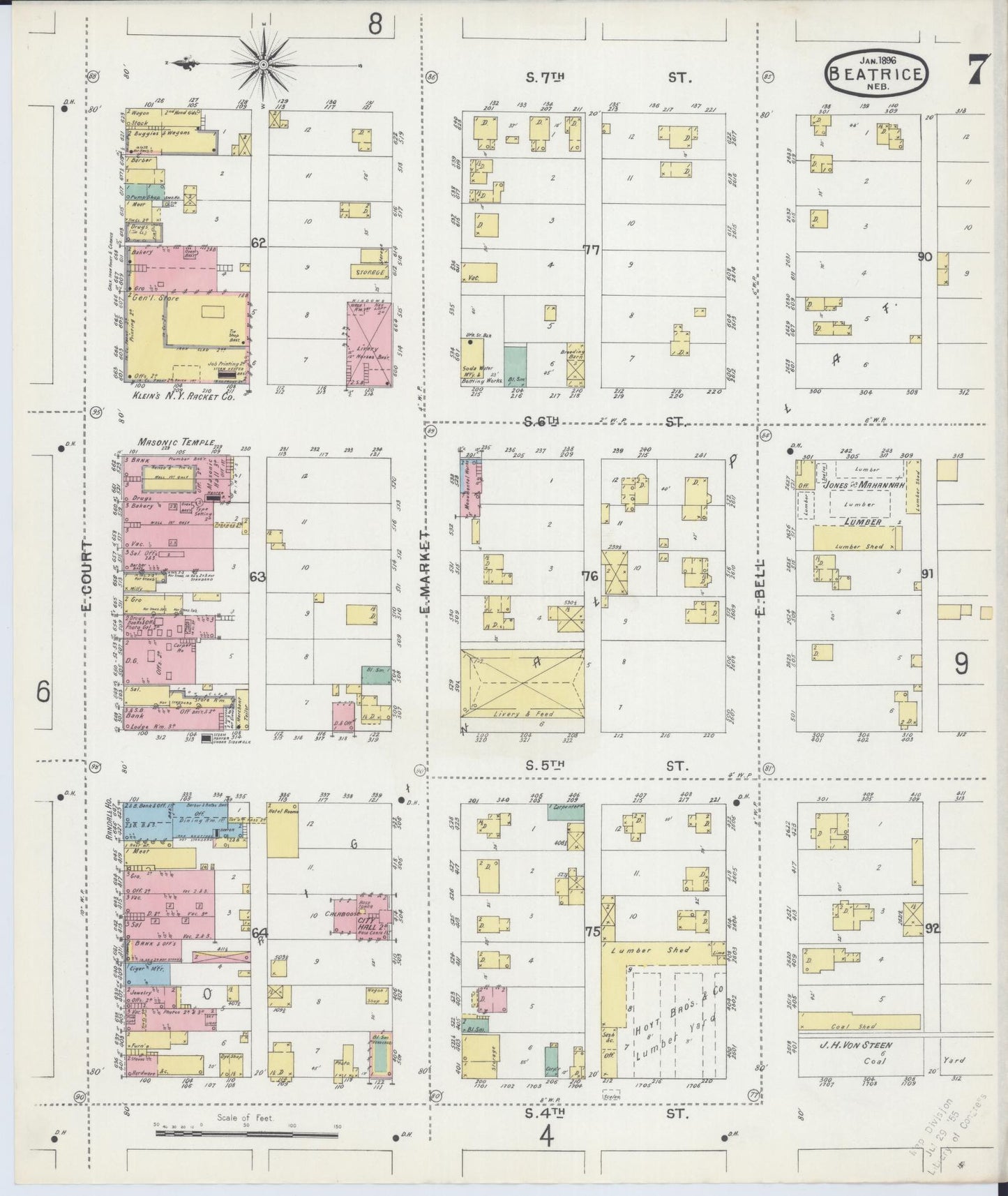 Sanborn Fire Insurance Map from Beatrice, Gage County, Nebraska (1896), Sheet #0007 - Historic Sanborn Fire Insurance Map Print, vintage old map wall art, antique decor, genealogy gift, Nebraska Nebraska map