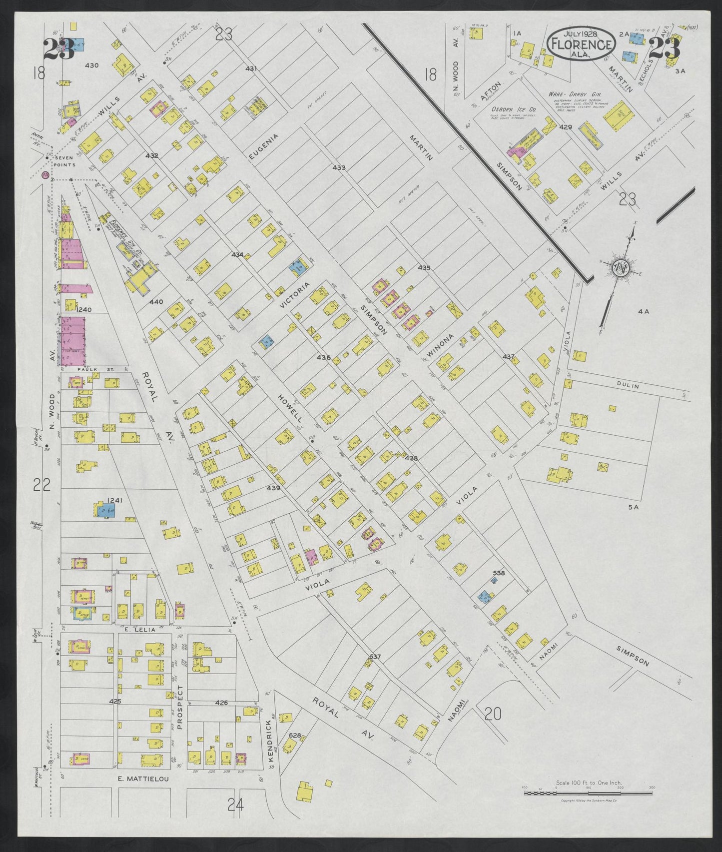 Sanborn Fire Insurance Map from Florence, Lauderdale County, Alabama (1928), Sheet #0023 - Historic Sanborn Fire Insurance Map Print, vintage old map wall art, antique decor, genealogy gift, Alabama Alabama map