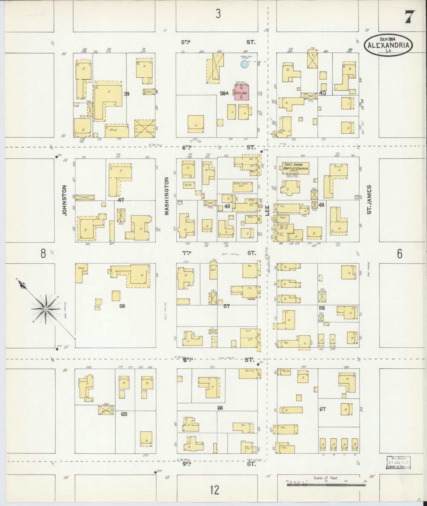 Sanborn Fire Insurance Map from Alexandria, Rapides Parish, Louisiana (1904), Sheet #0007 - Historic Sanborn Fire Insurance Map Print, vintage old map wall art, antique decor, genealogy gift, Louisiana Louisiana map