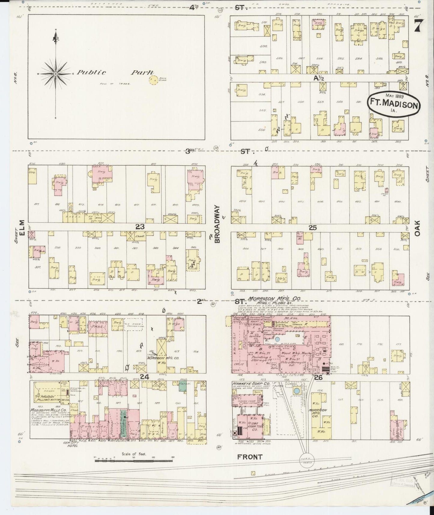 Sanborn Fire Insurance Map from Fort Madison, Lee County, Iowa (1889), Sheet #0007 - Historic Sanborn Fire Insurance Map Print, vintage old map wall art