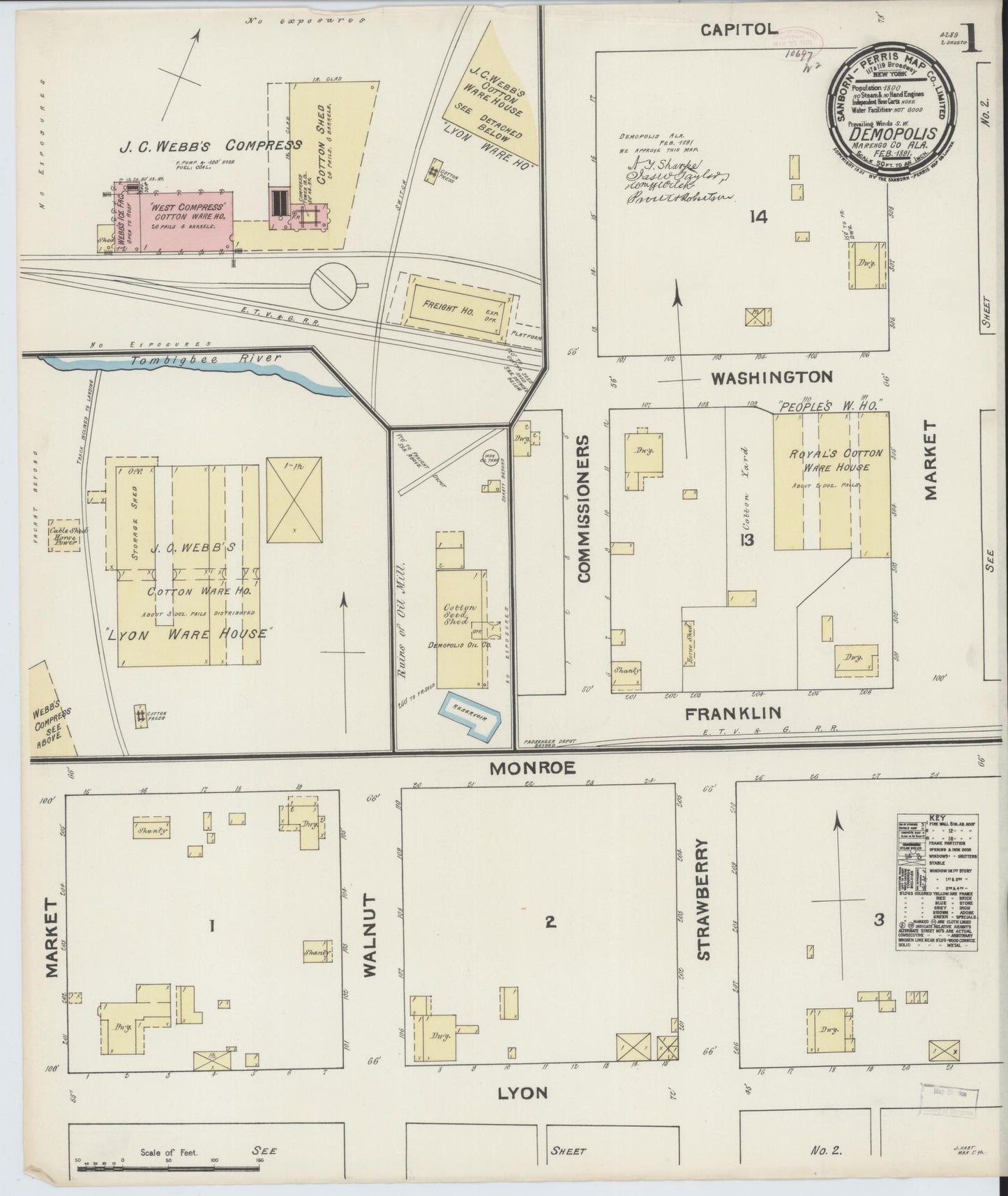 Sanborn Fire Insurance Map from Demopolis, Marengo County, Alabama (1891), Sheet #0001 - Historic Sanborn Fire Insurance Map Print, vintage old map wall art, antique decor, genealogy gift, Alabama Alabama map