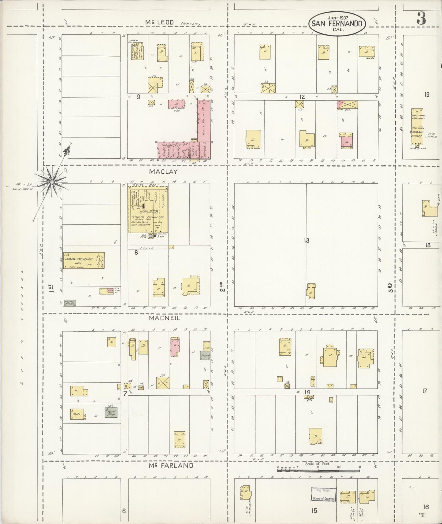 Sanborn Fire Insurance Map from San Fernando, Los Angeles County, California (1907), Sheet #0003 - Complete Map Set gallery image, historic Sanborn map, vintage wall art, California California