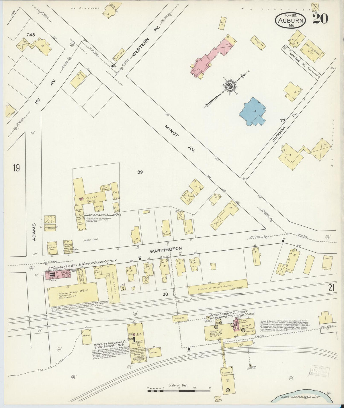 Sanborn Fire Insurance Map from Auburn, Androscoggin County, Maine (1914), Sheet #0020 - Historic Sanborn Fire Insurance Map Print, vintage old map wall art, antique decor, genealogy gift, Maine Maine map