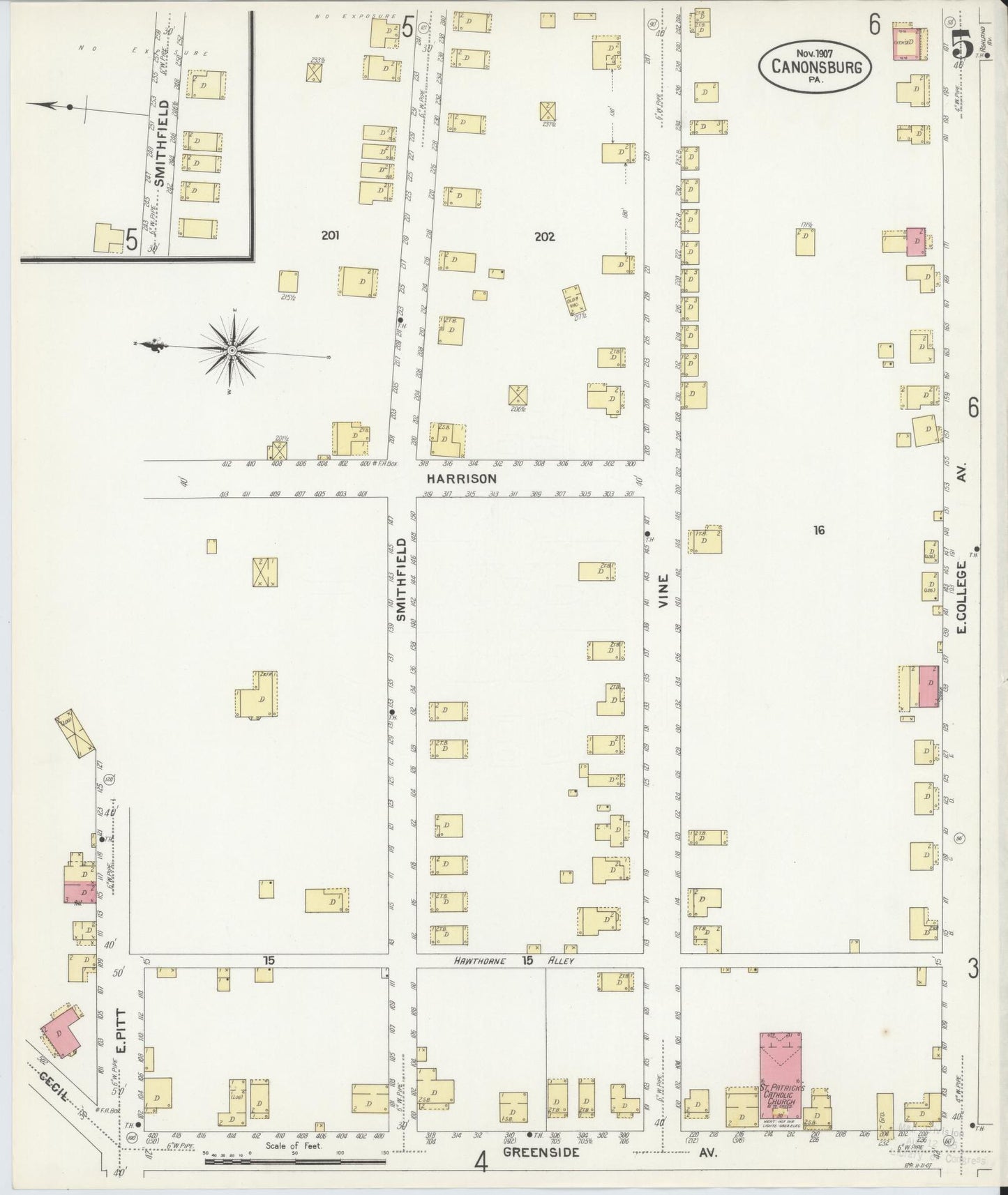 Sanborn Fire Insurance Map from Canonsburg, Washington County, Pennsylvania (1907), Sheet #0005 - Historic Sanborn Fire Insurance Map Print, vintage old map wall art, antique decor, genealogy gift, Pennsylvania Pennsylvania map